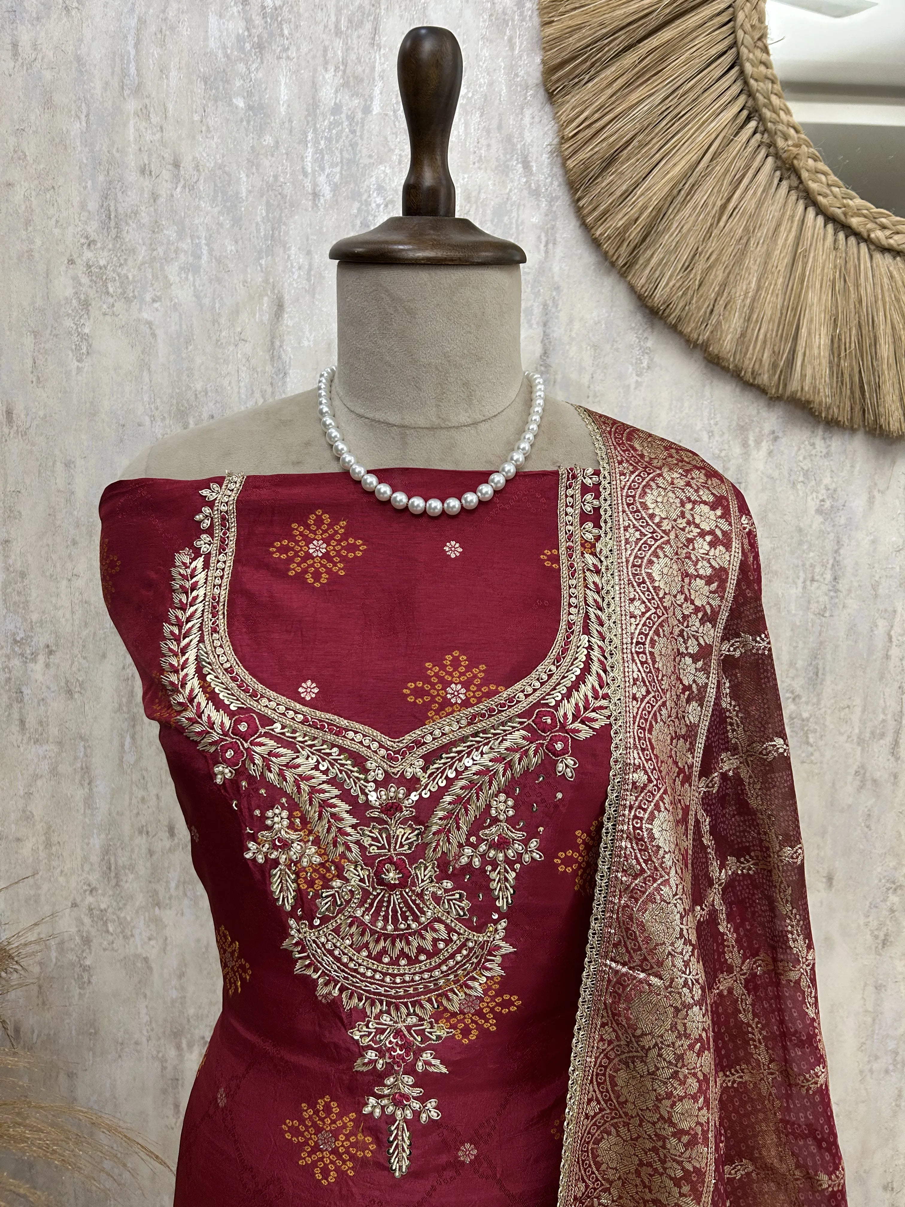 Embroidered Dola silk unstitched suit set