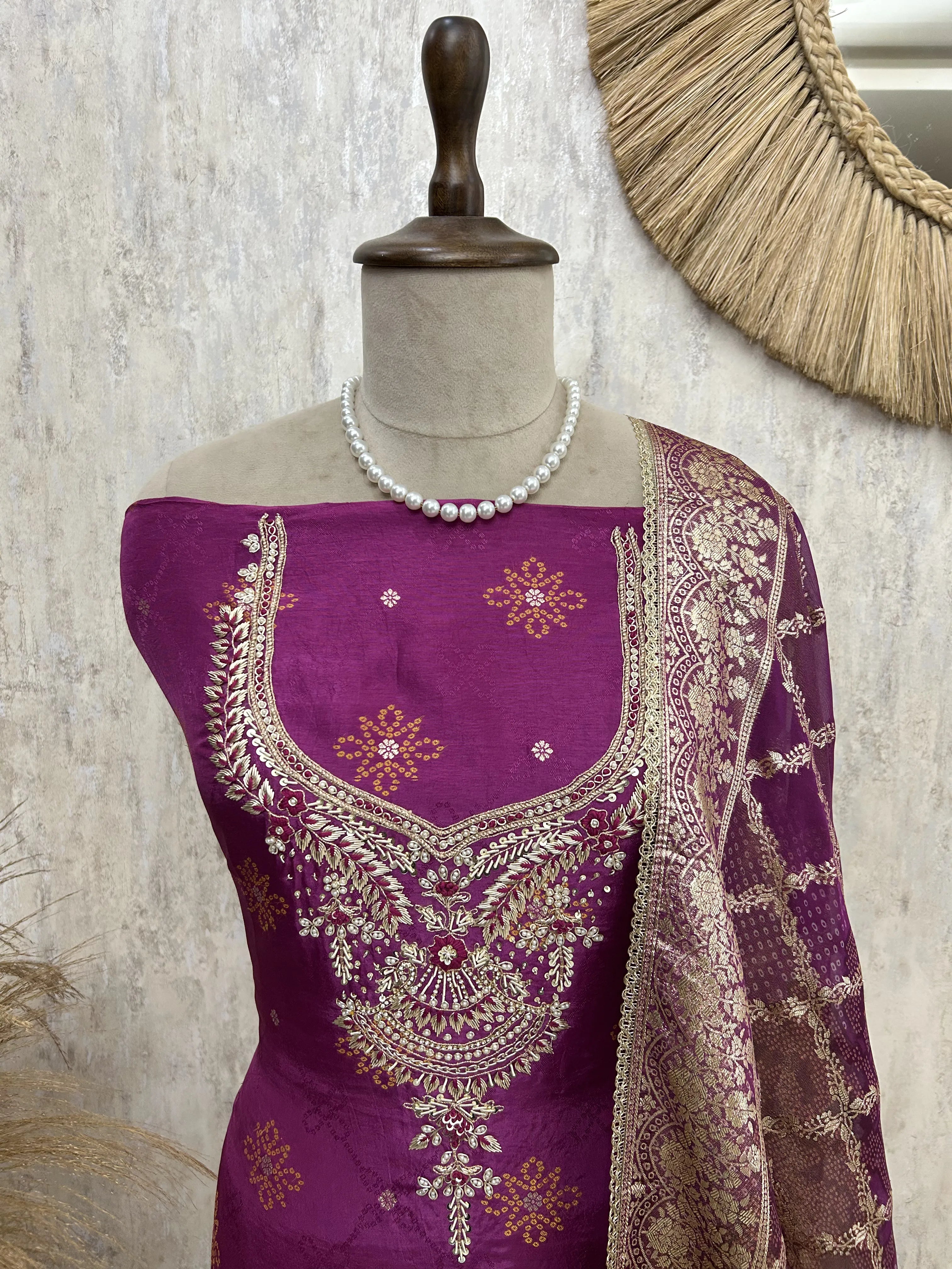 Embroidered Dola silk unstitched suit set