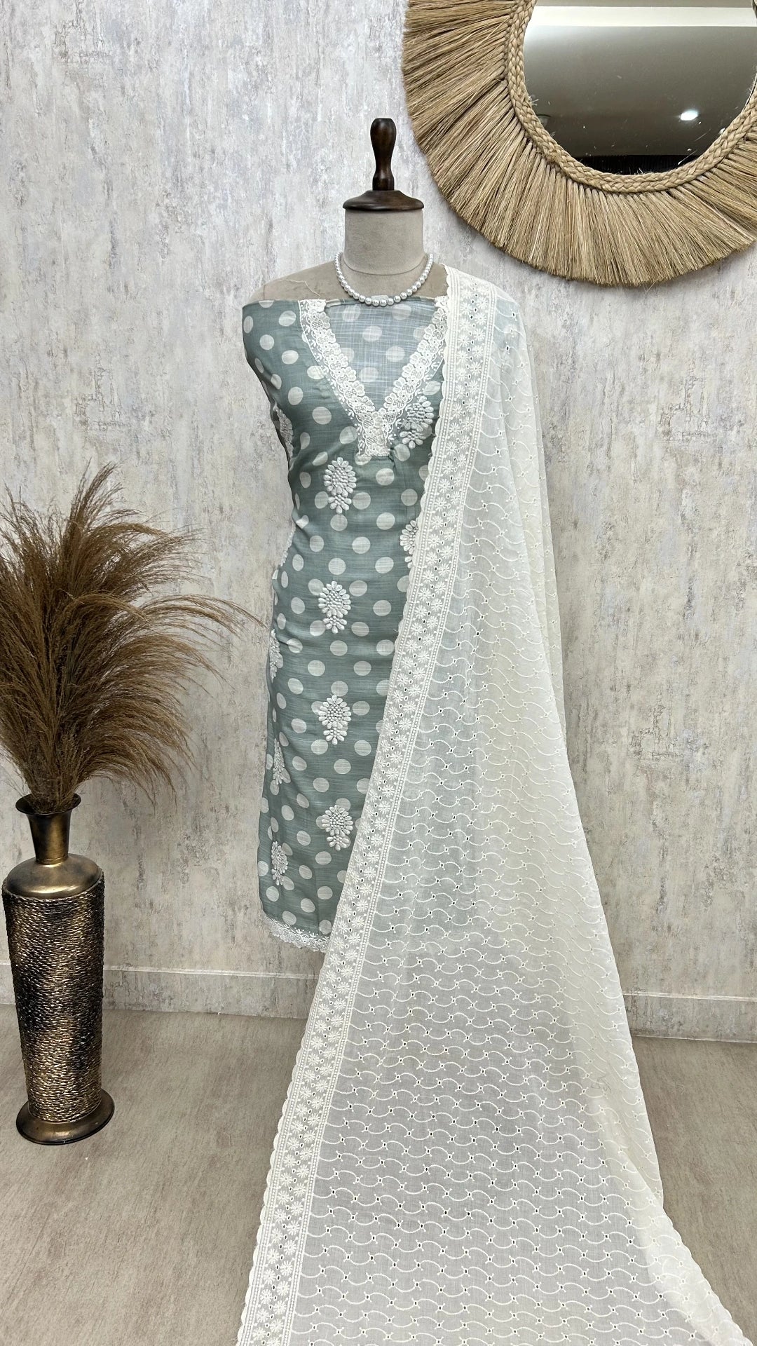 Polka Dot Cotton Unstitched Suit Set