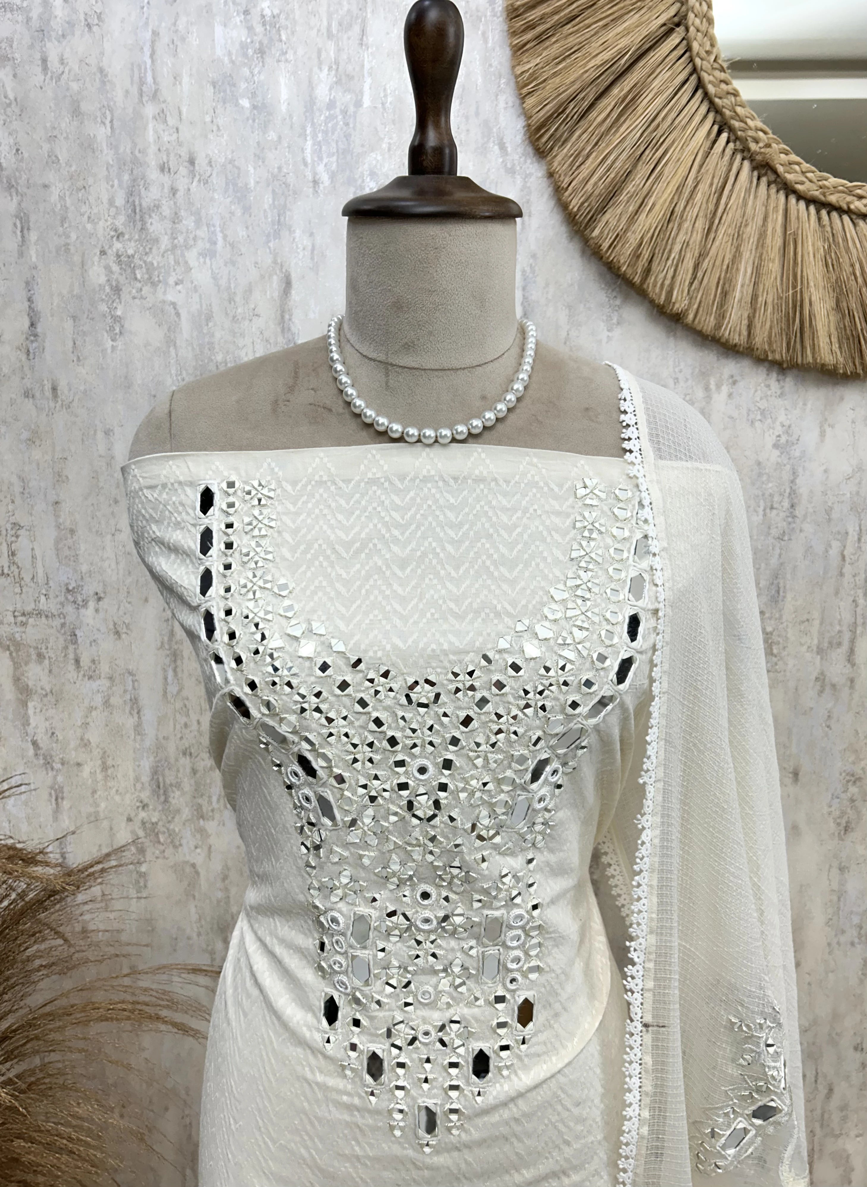 Self Weave Mirror Work Cotton Unstitched Suit Set