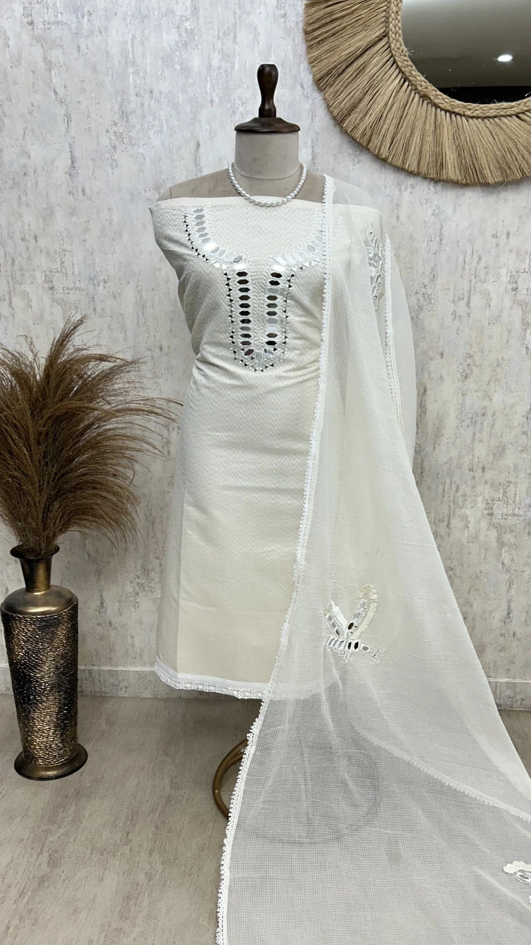 Self Weave Mirror Work Cotton Unstitched Suit Set