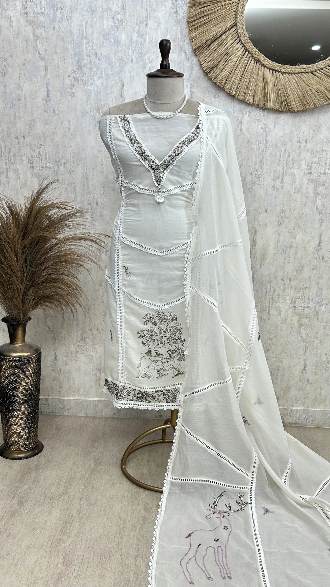 Deer Motif Mul Chanderi Unstitched Suit Set
