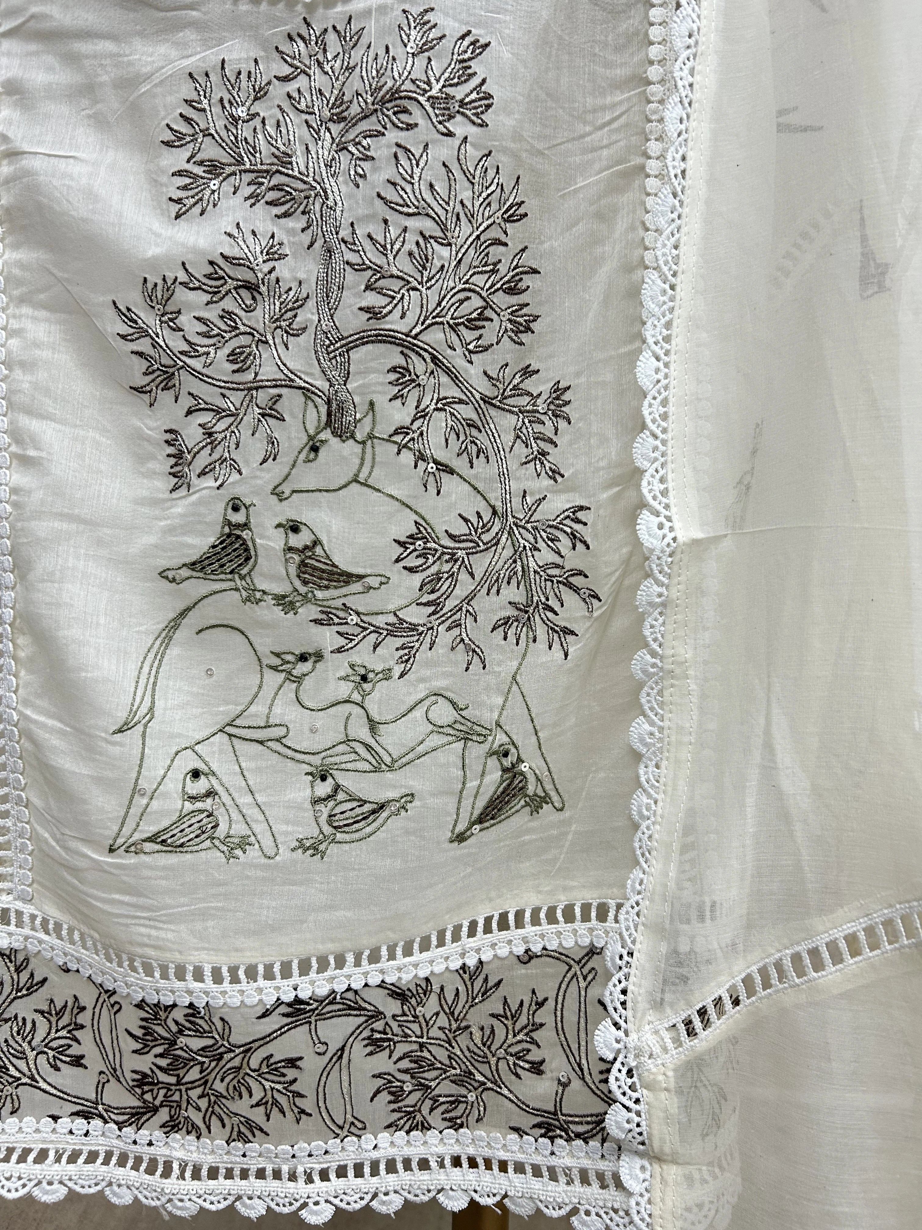 Deer Motif Mul Chanderi Unstitched Suit Set
