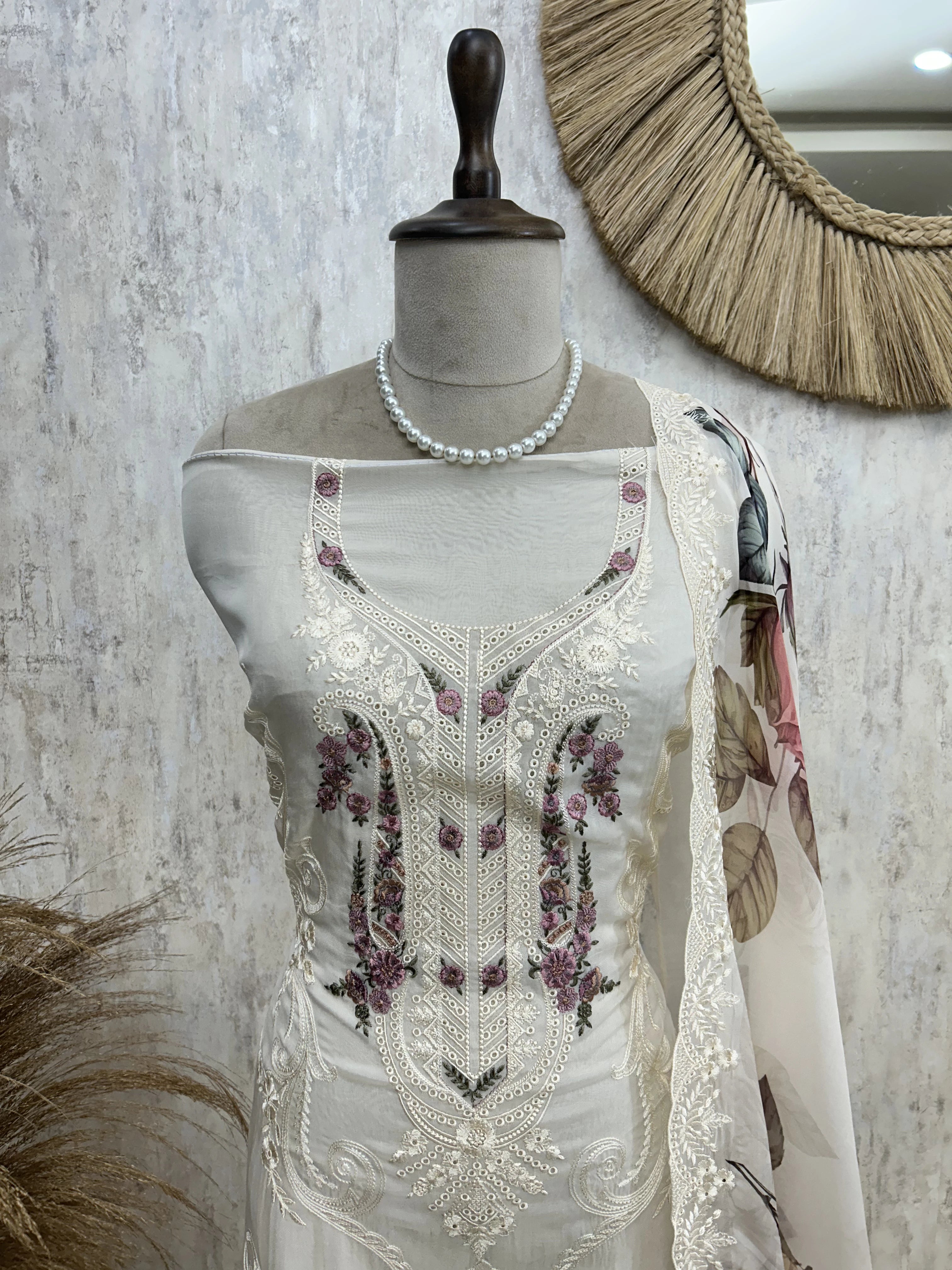 Fine Thread Embroidered Organza Unstitched Suit Set