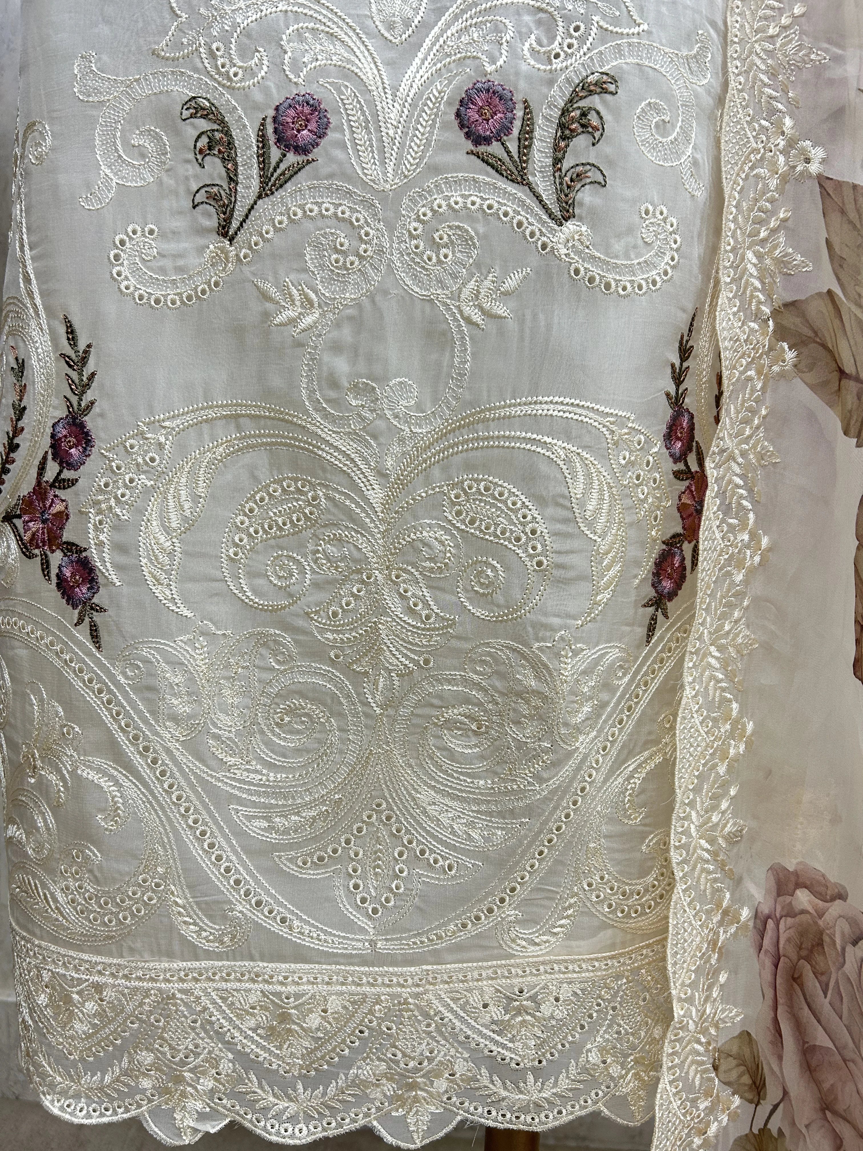 Fine Thread Embroidered Organza Unstitched Suit Set