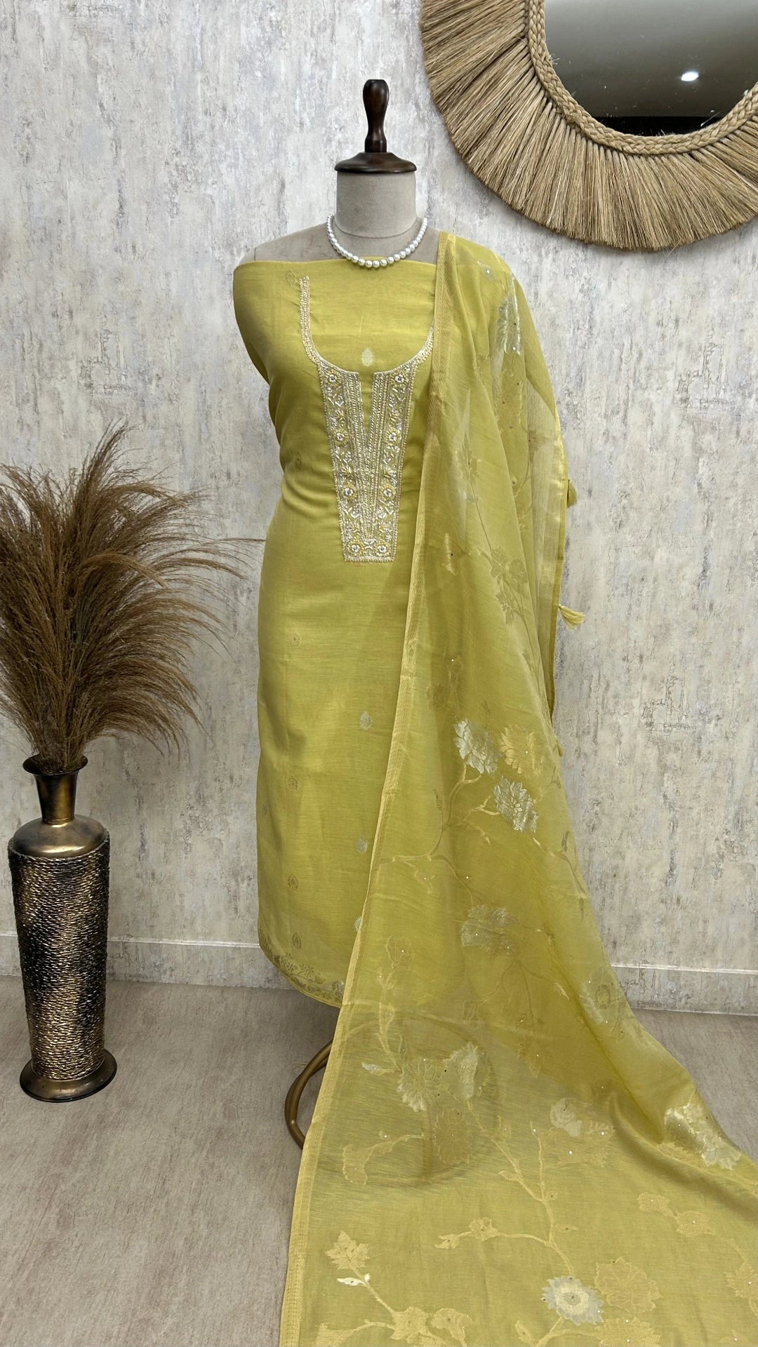 Pearl & Thread Work Jamdani Linen Unstitced Suit Set