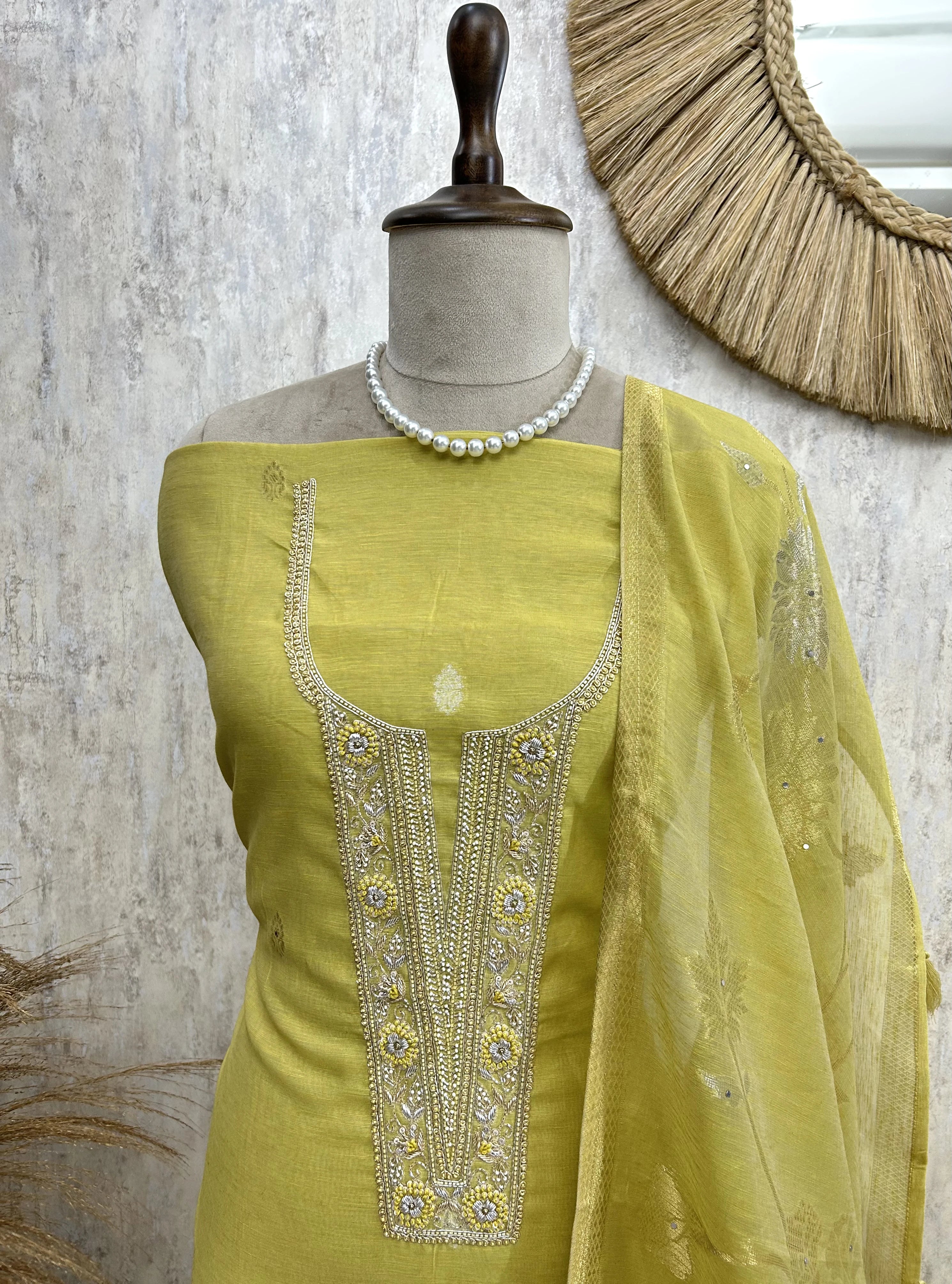 Pearl & Thread Work Jamdani Linen Unstitced Suit Set