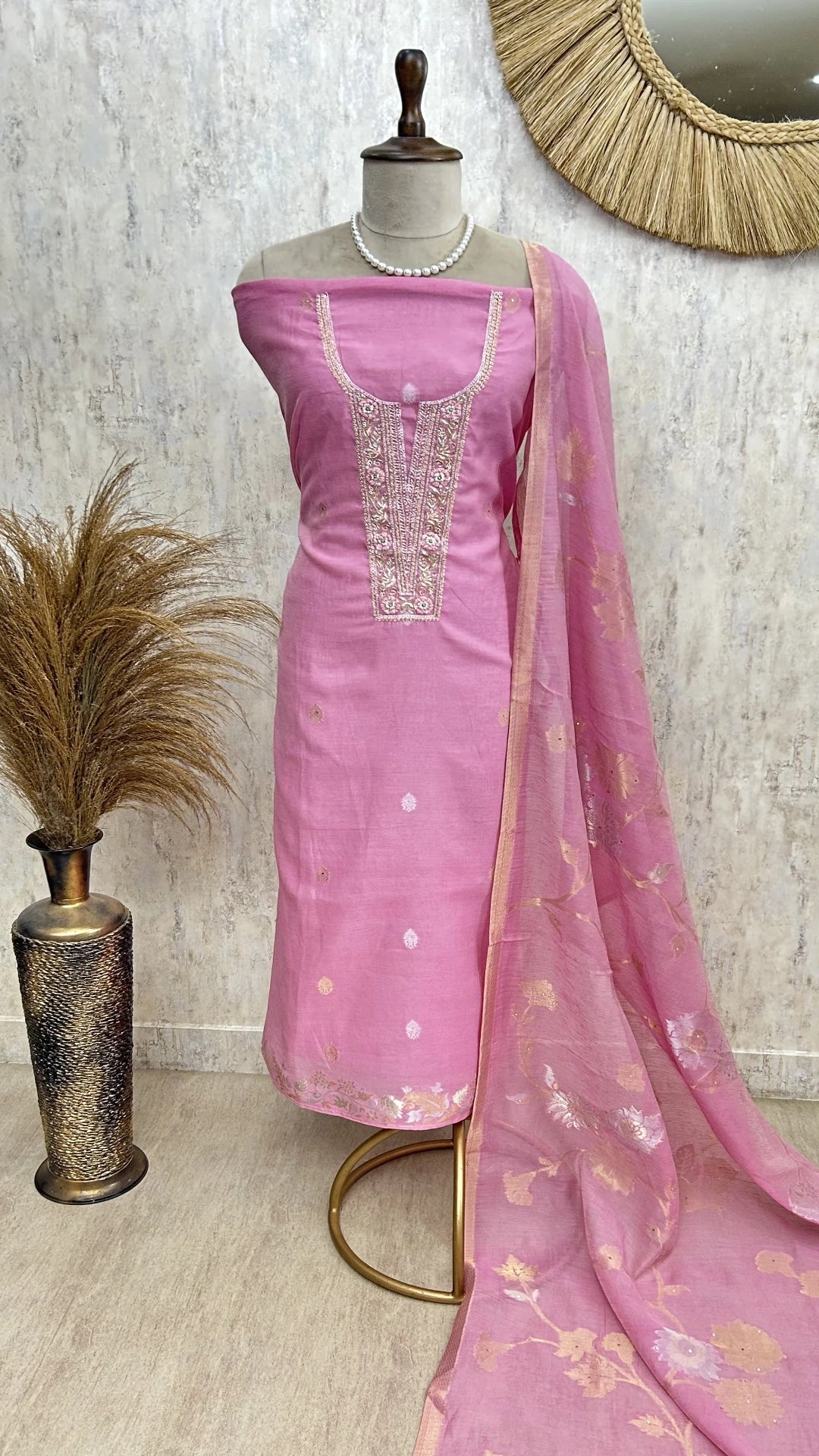 Pearl & Thread Work Jamdani Linen Unstitced Suit Set