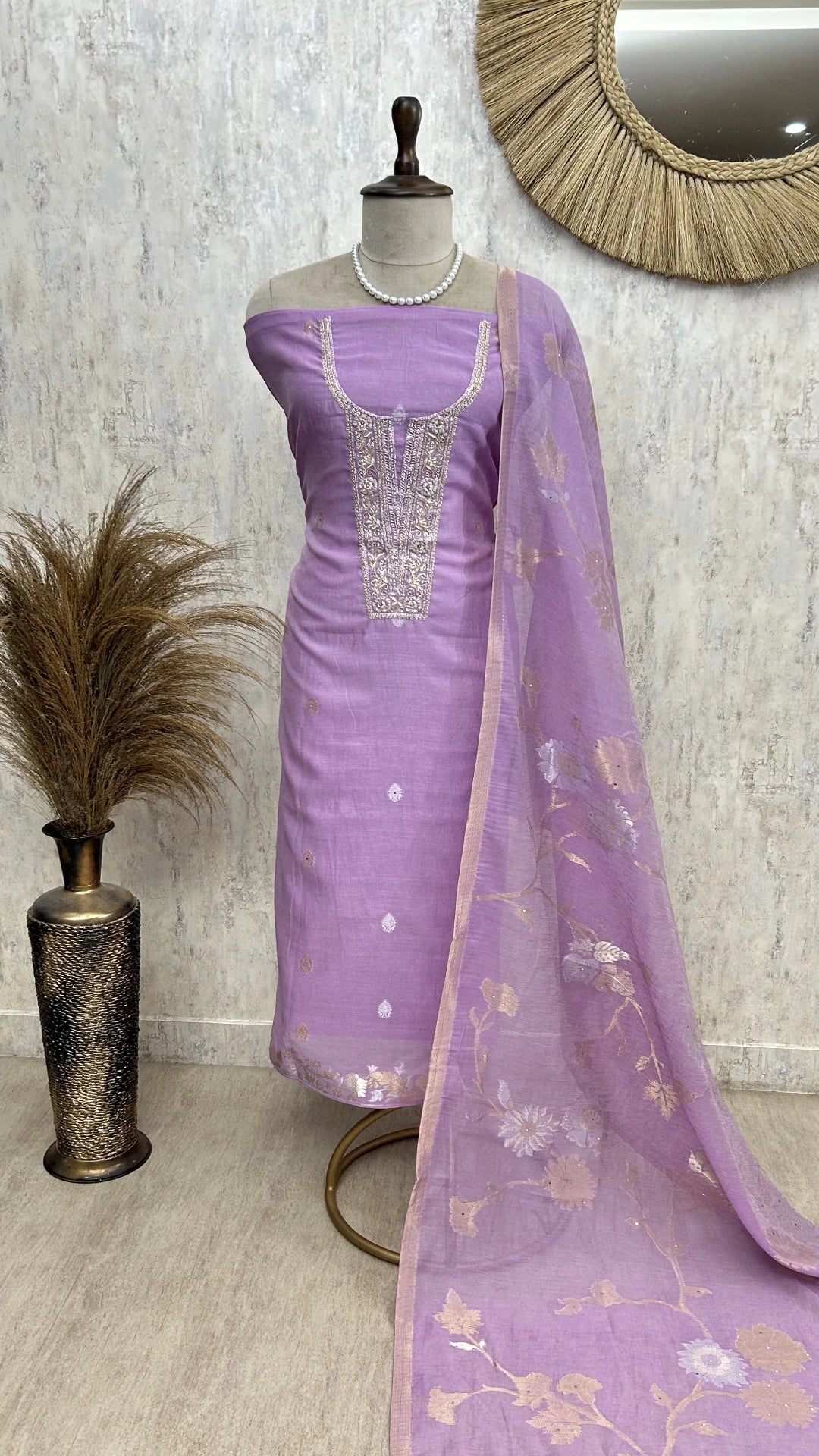 Pearl & Thread Work Jamdani Linen Unstitced Suit Set