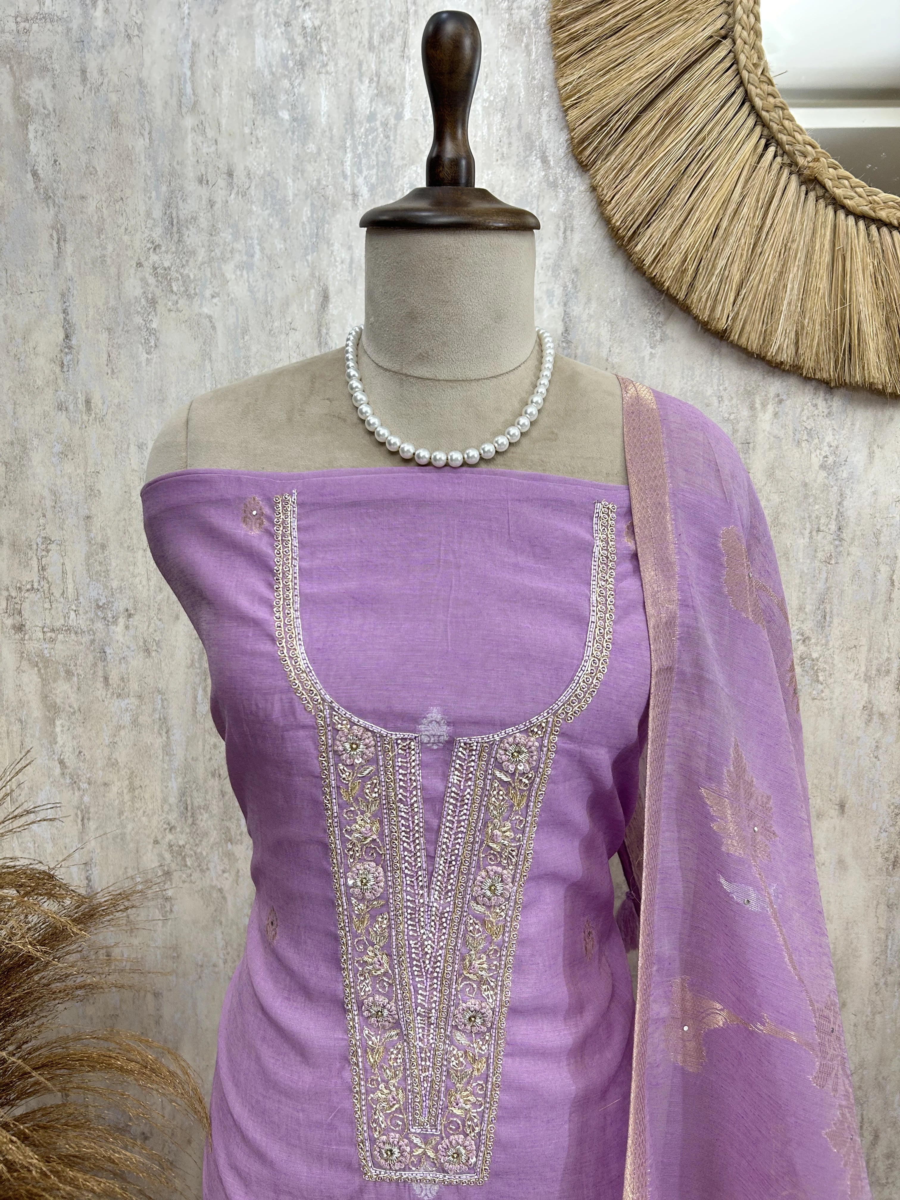 Pearl & Thread Work Jamdani Linen Unstitced Suit Set