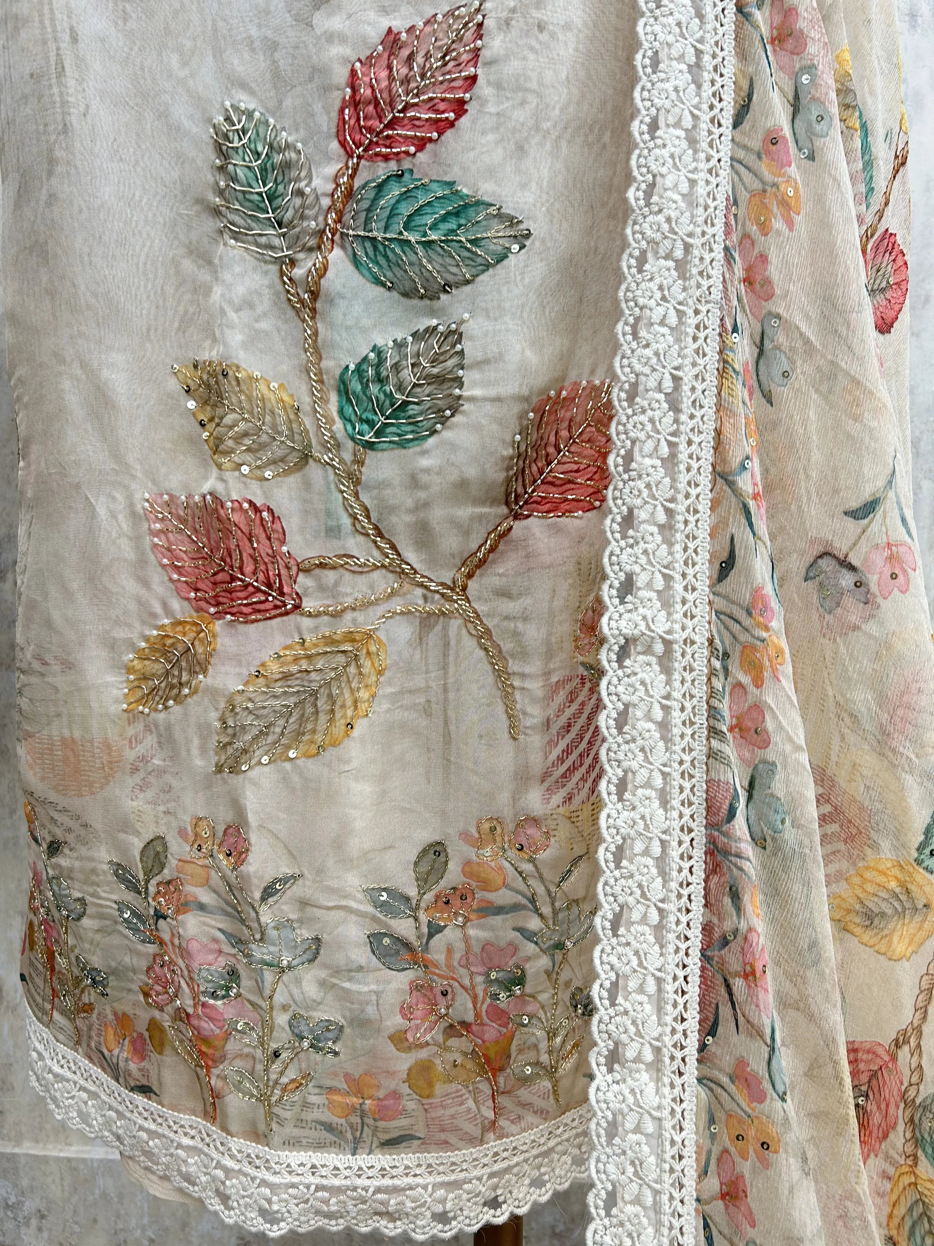 Printed Organza Unstitched Suit Set With Chiffon Dupatta Featuring Zari Work