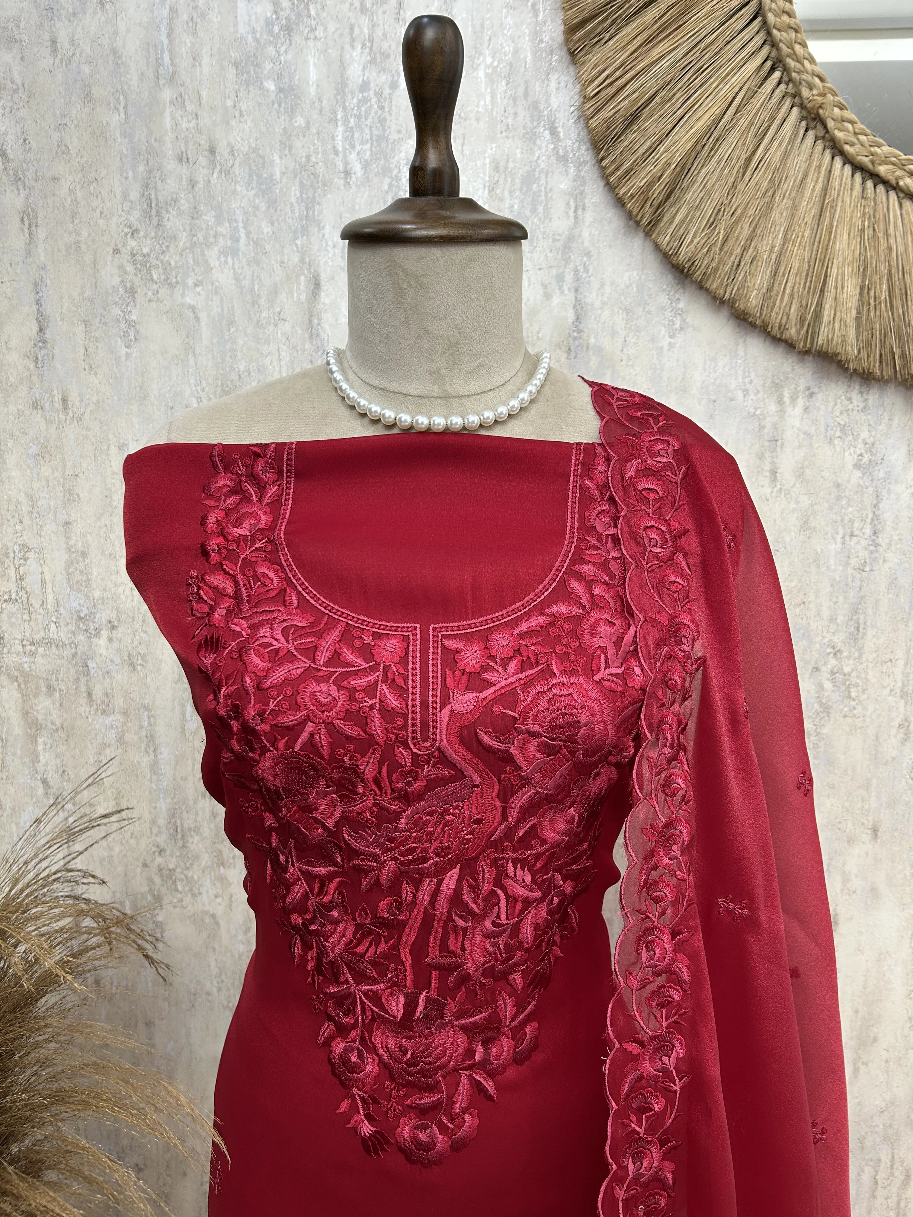 Bird motif Organza Unstitched suit set