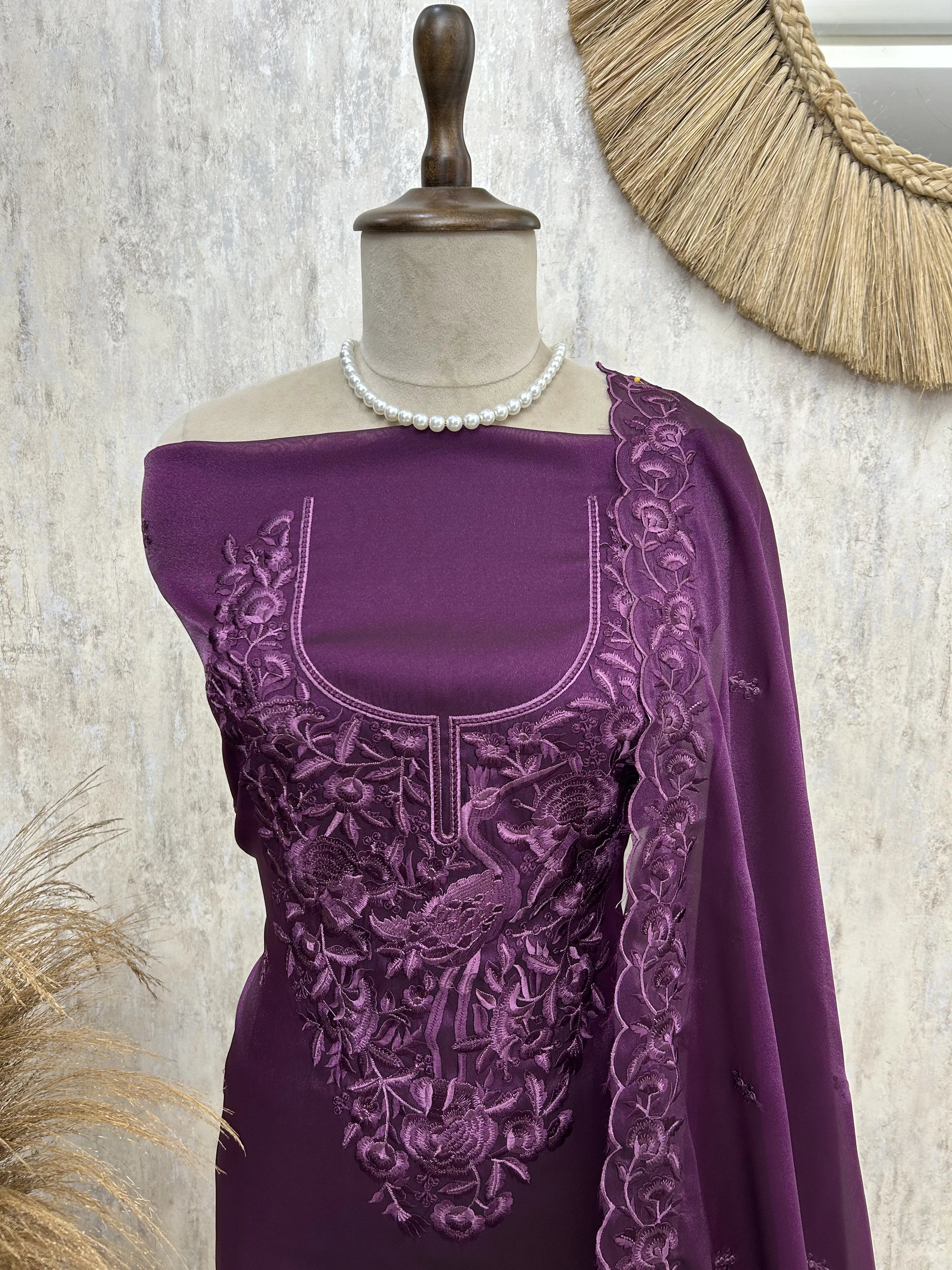 Bird motif Organza Unstitched suit set