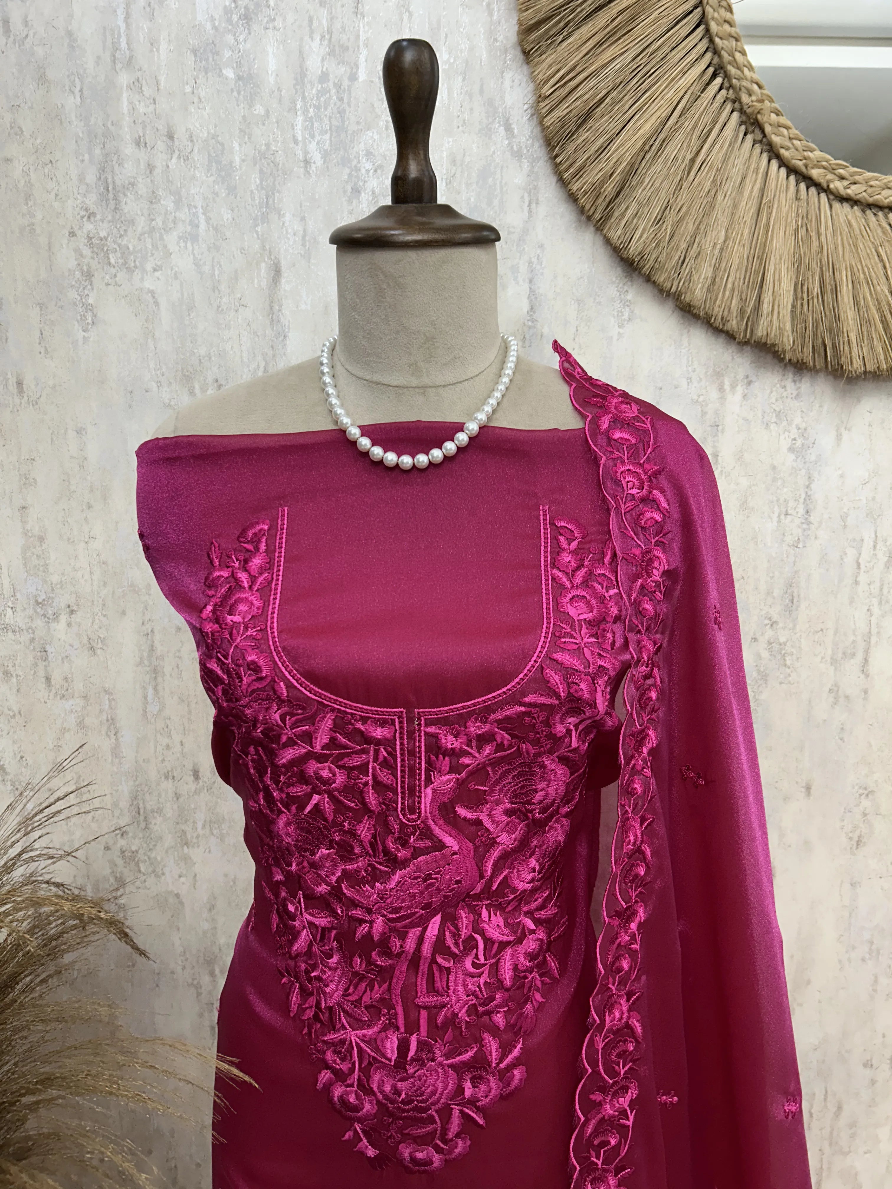 Bird motif Organza Unstitched suit set