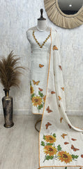 Butterfly Print Jamdani Linen Unstitched Suit Set