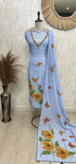 Butterfly Print Jamdani Linen Unstitched Suit Set