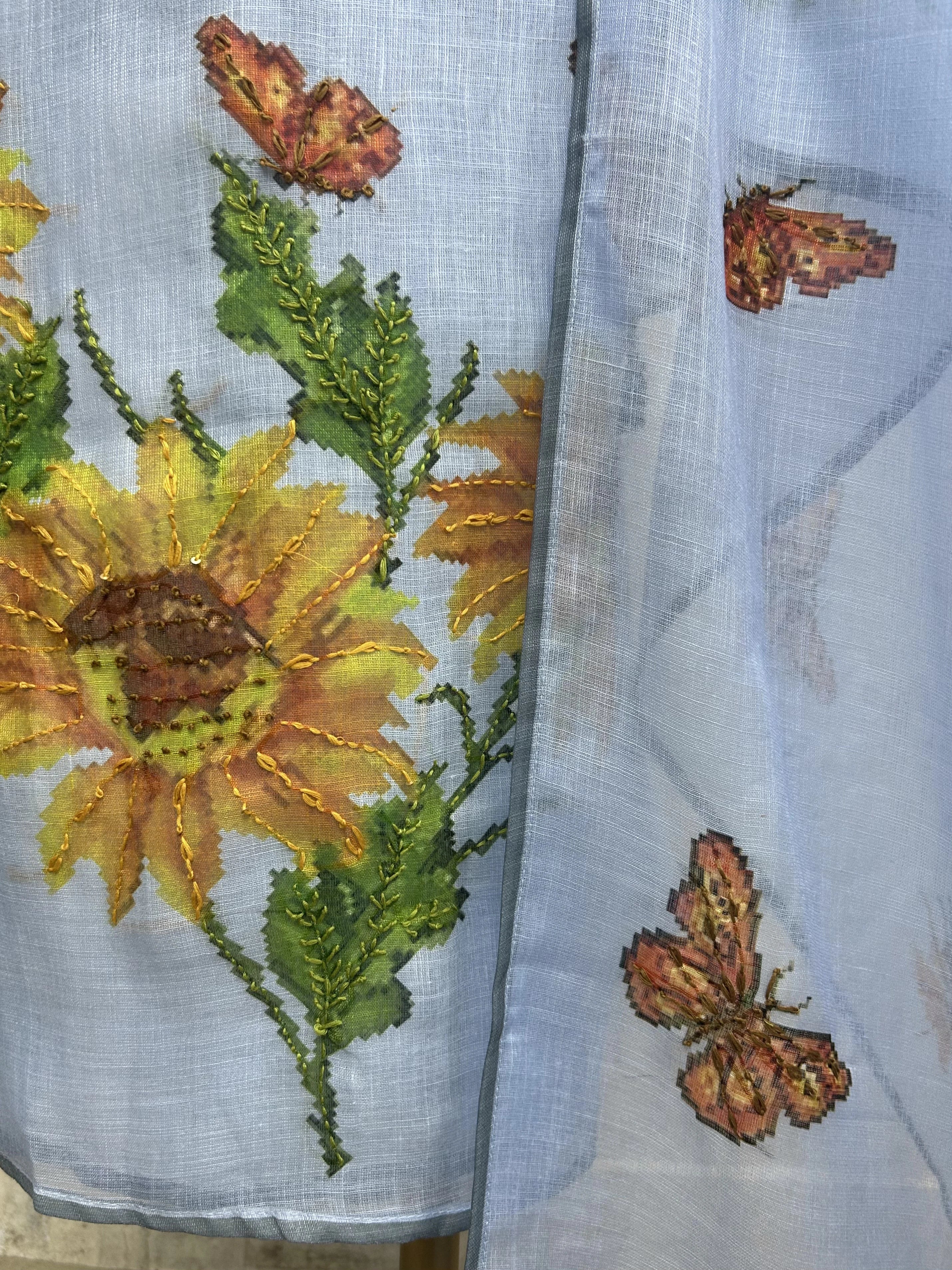 Butterfly Print Jamdani Linen Unstitched Suit Set