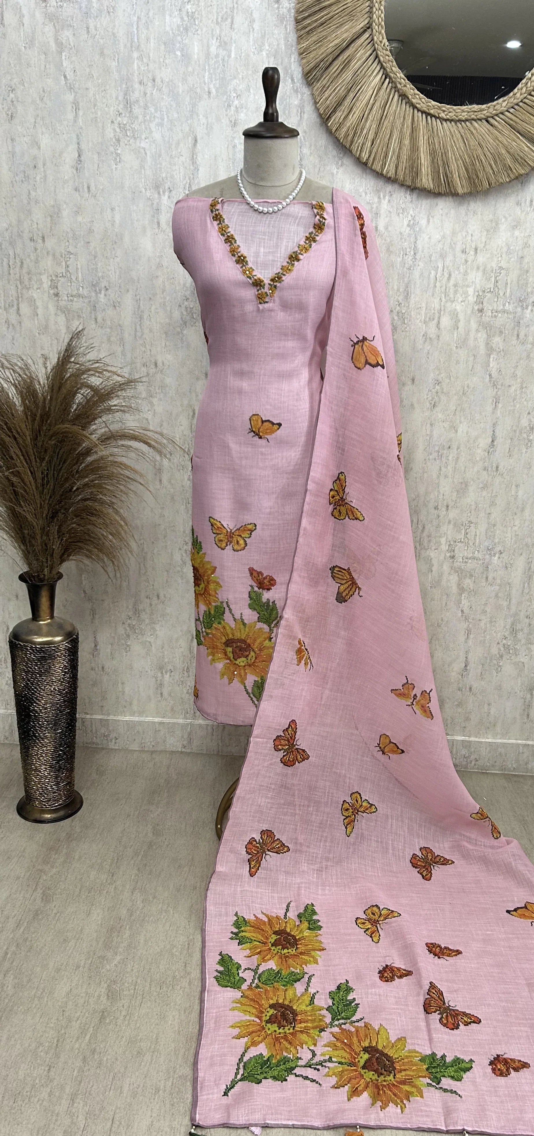 Butterfly Print Jamdani Linen Unstitched Suit Set