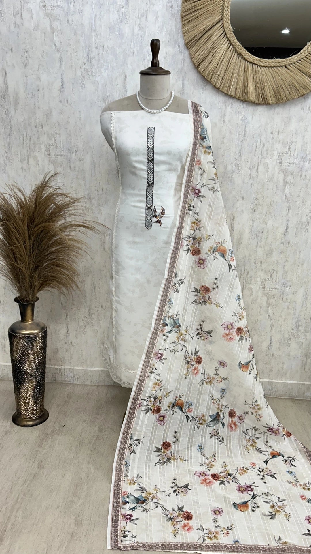 Bird Motif Linen Unstitched Suit Set