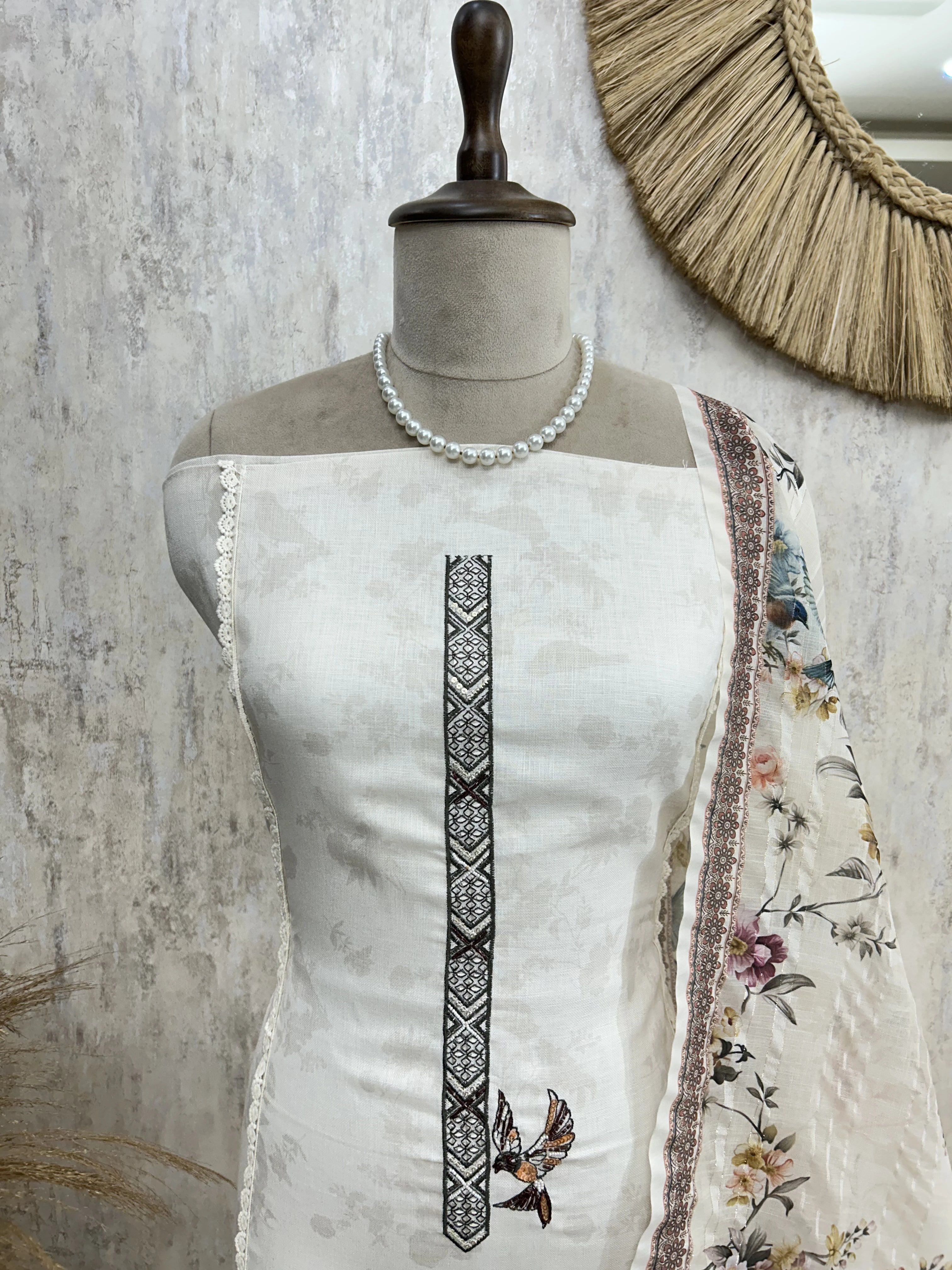 Bird Motif Linen Unstitched Suit Set
