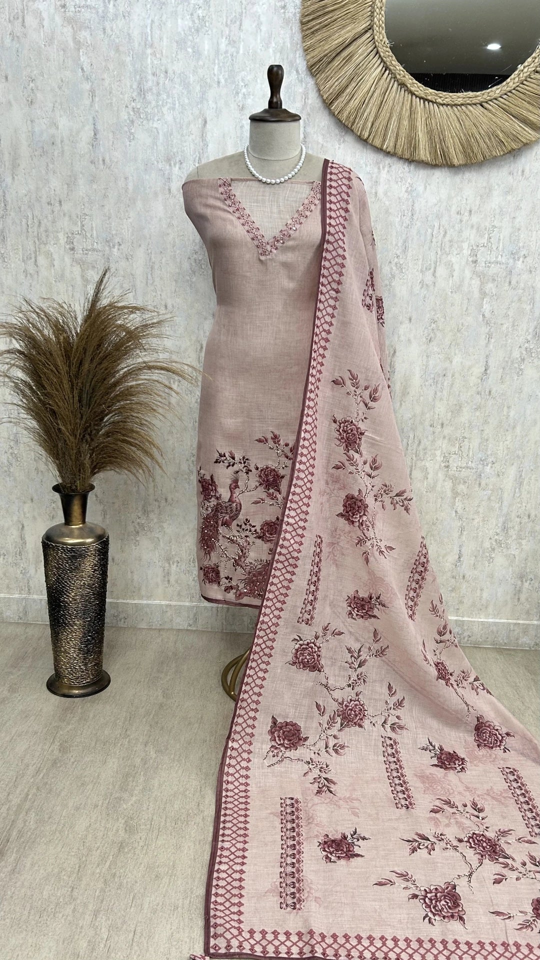 Kantha Peacock Jamdani Linen Unstitched Suit Set