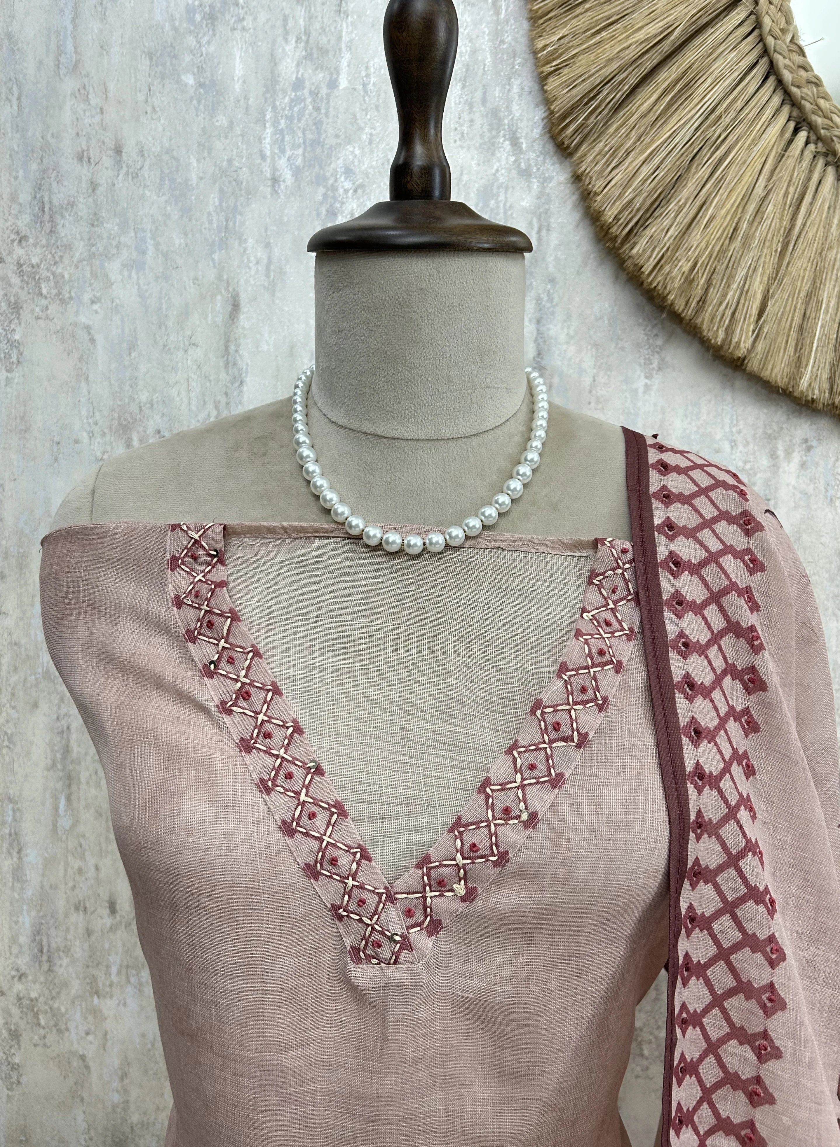Kantha Peacock Jamdani Linen Unstitched Suit Set