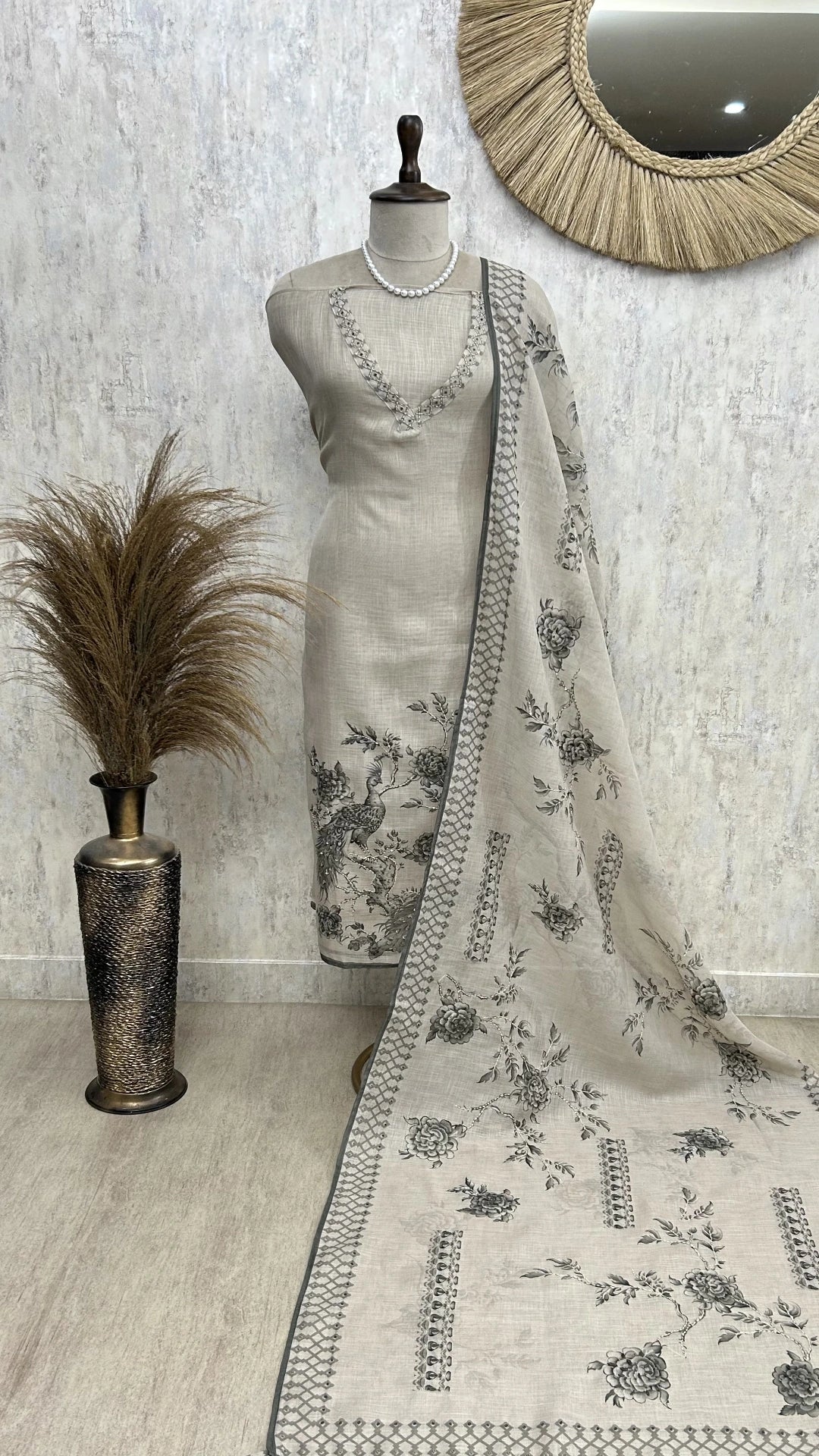 Kantha Peacock Jamdani Linen Unstitched Suit Set