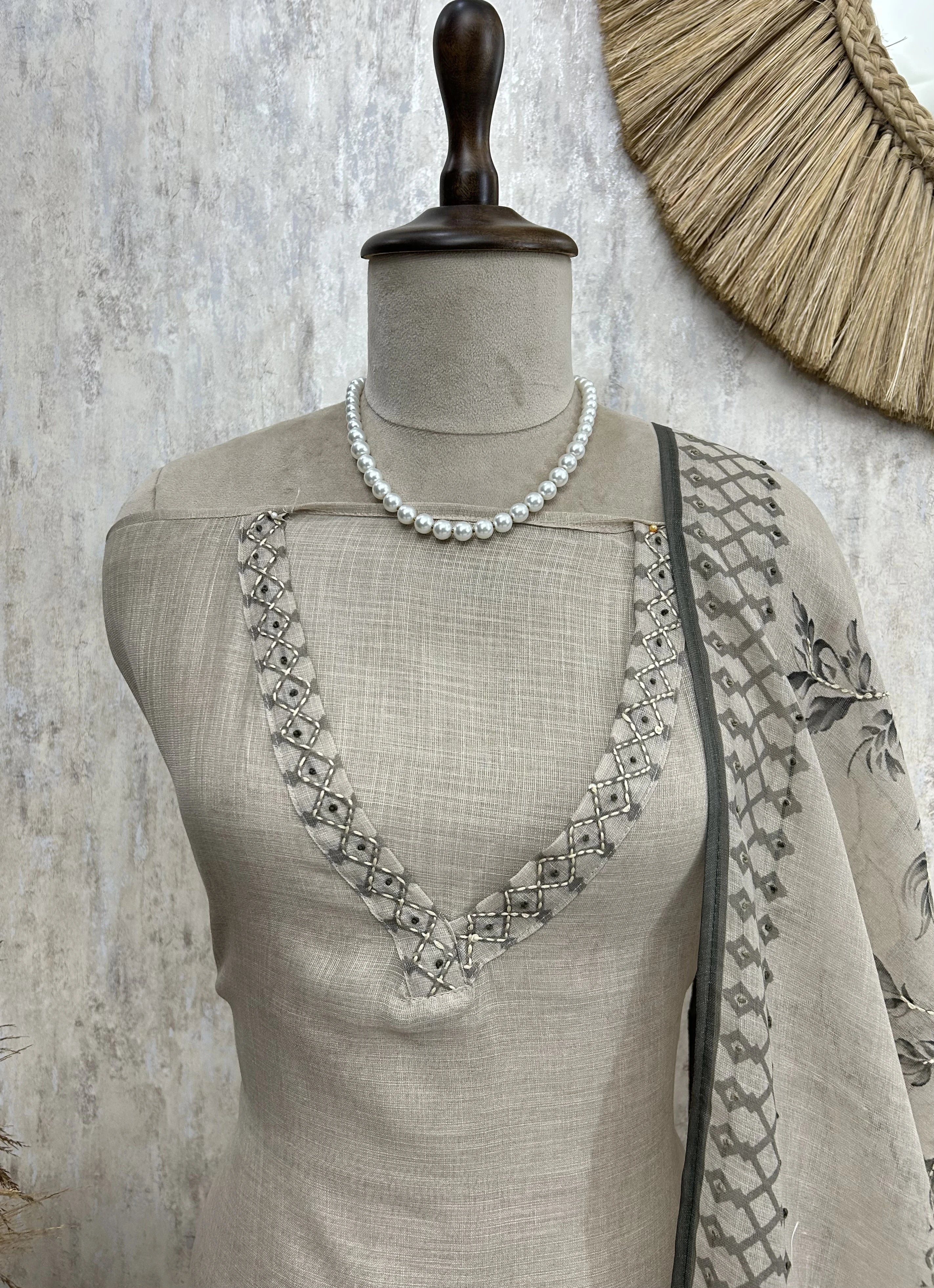 Kantha Peacock Jamdani Linen Unstitched Suit Set