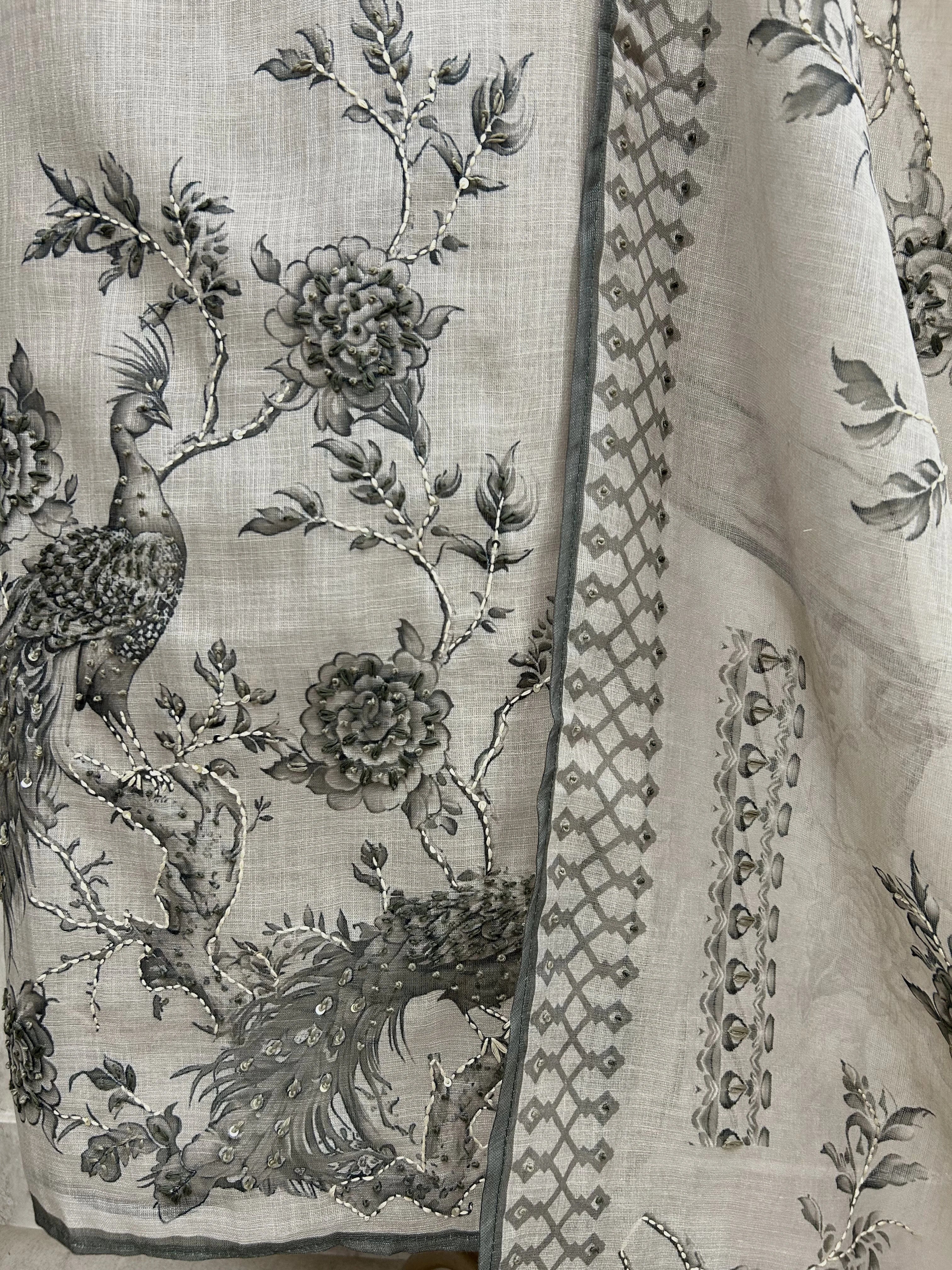 Kantha Peacock Jamdani Linen Unstitched Suit Set