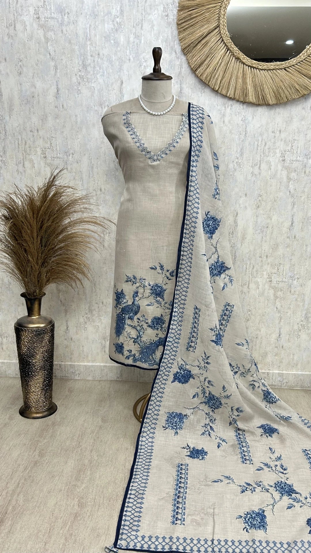 Kantha Peacock Jamdani Linen Unstitched Suit Set