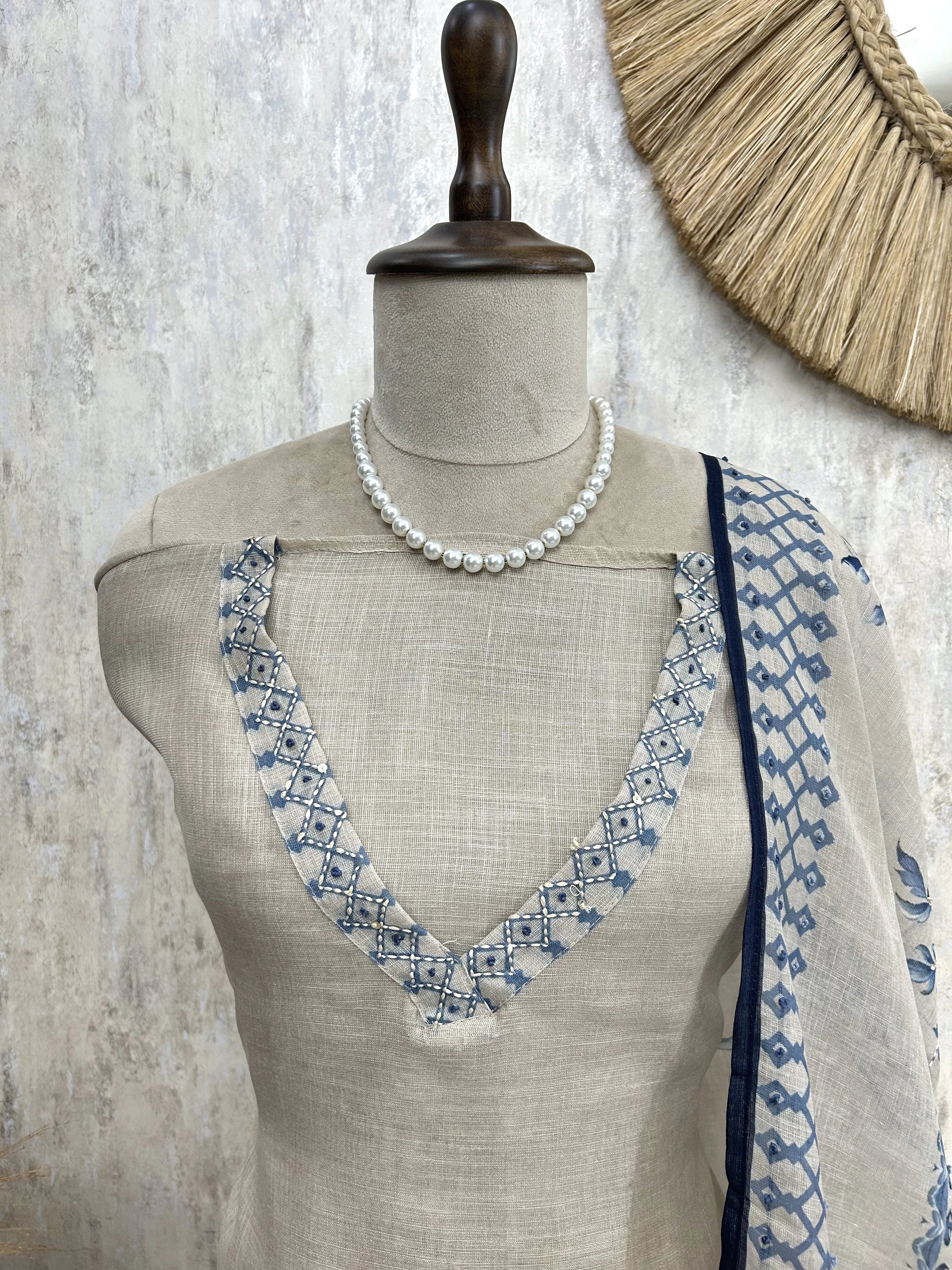 Kantha Peacock Jamdani Linen Unstitched Suit Set