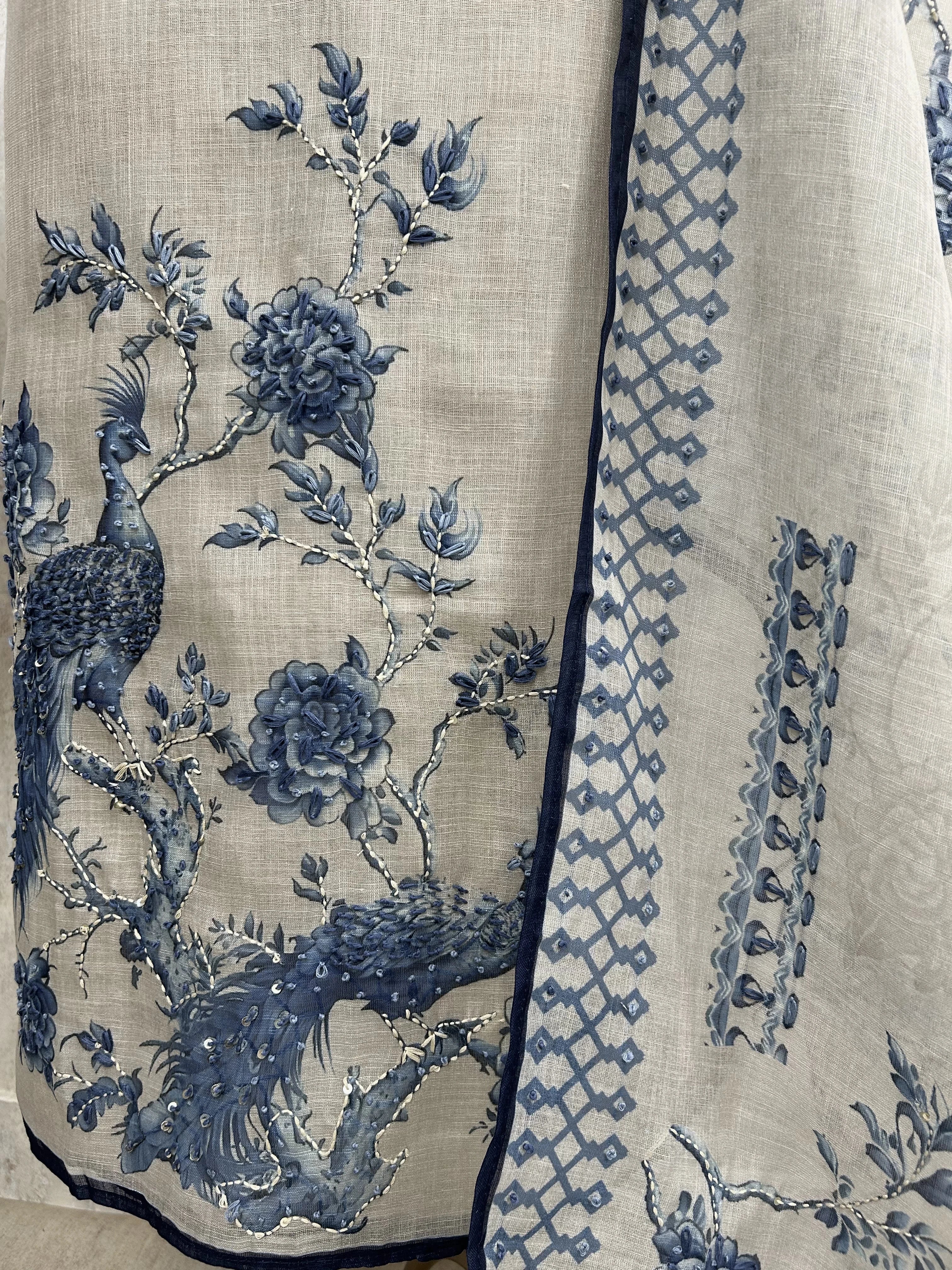 Kantha Peacock Jamdani Linen Unstitched Suit Set
