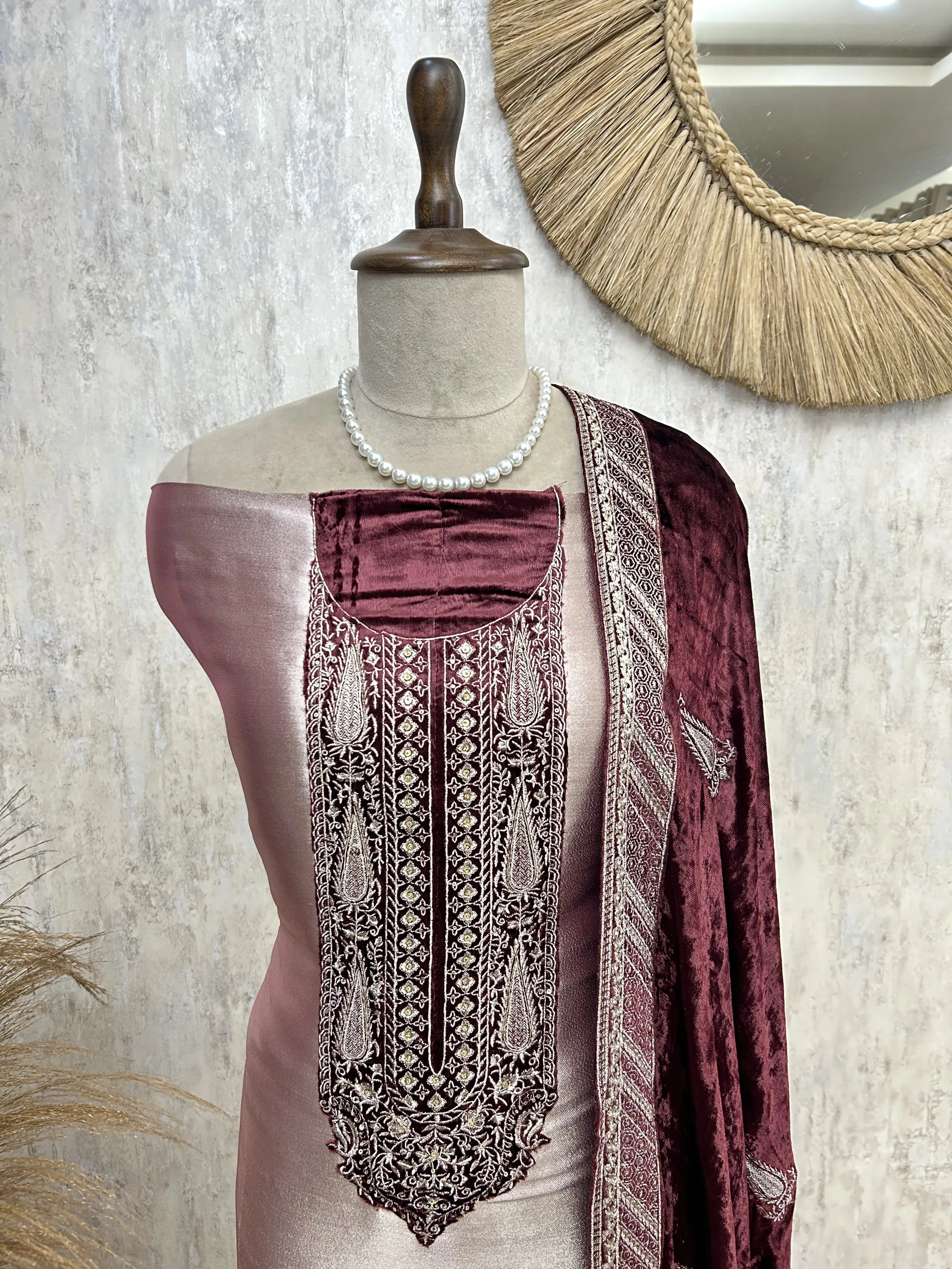 Brocade Banarasi Unstitched Suit Set With Velvet Dupatta