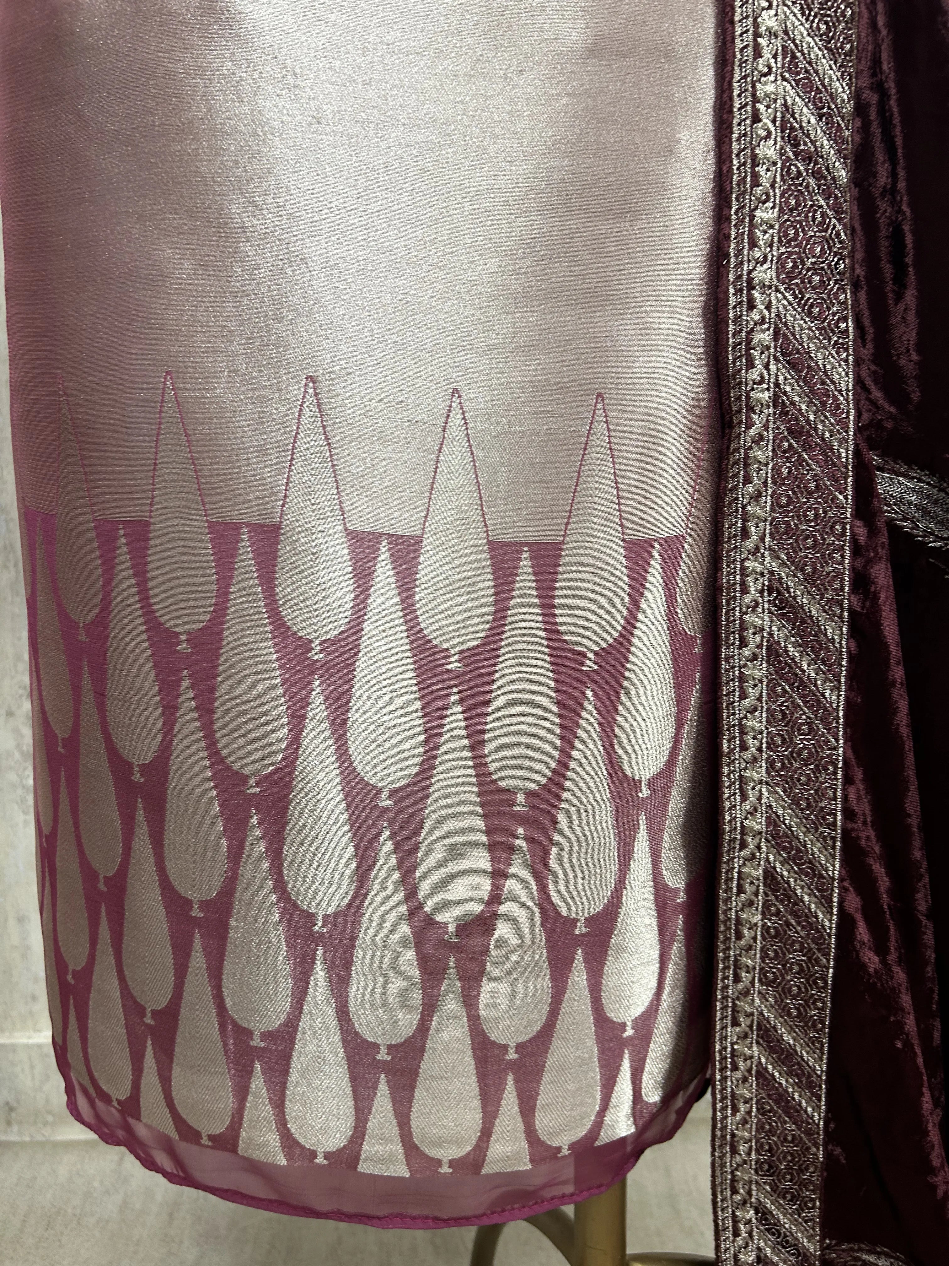 Brocade Banarasi Unstitched Suit Set With Velvet Dupatta