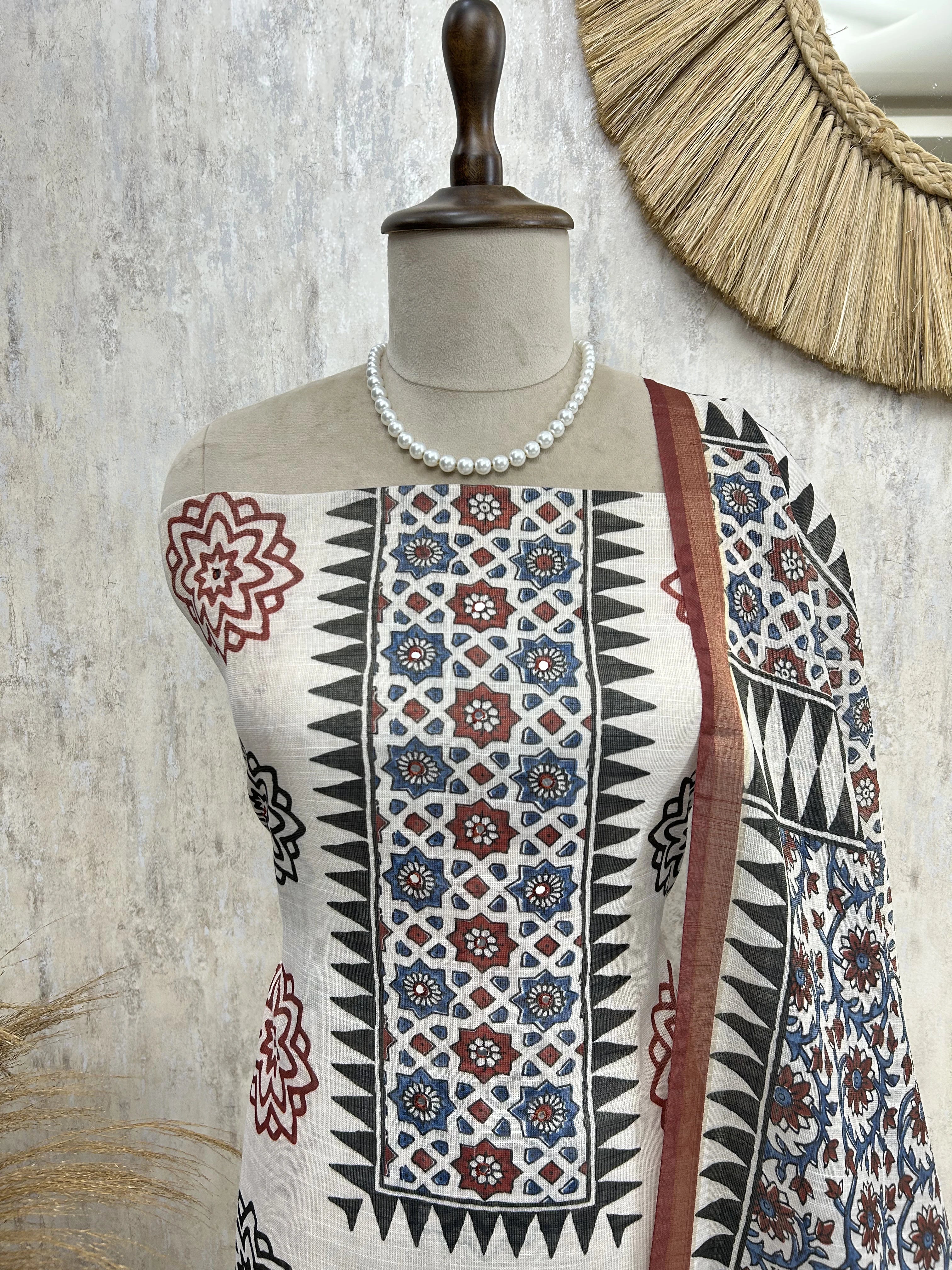 Symmetrical Floral Boota Pattern Jamdani Linen Unstitched Suit Set
