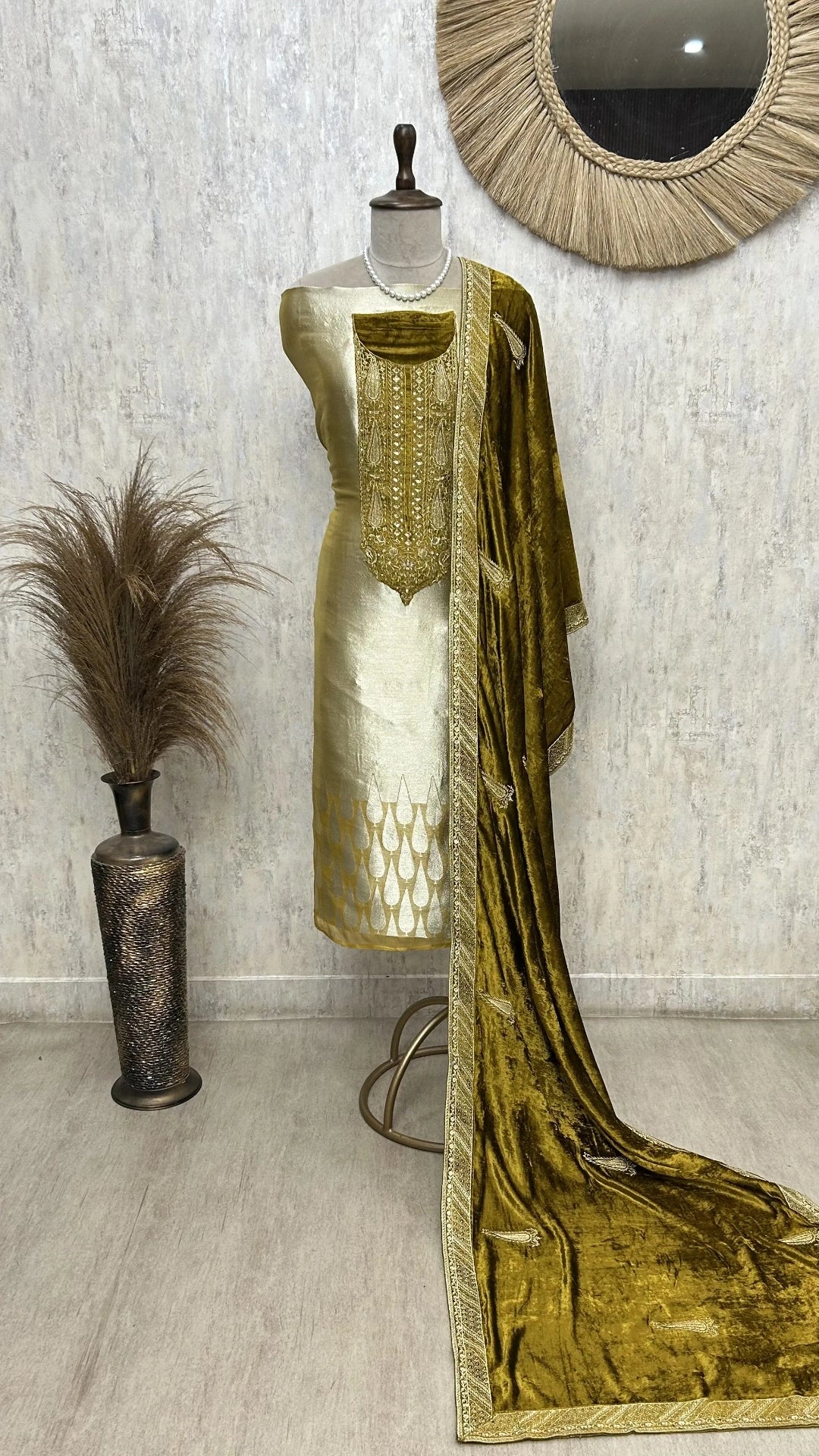 Brocade Banarasi Unstitched Suit Set With Velvet Dupatta