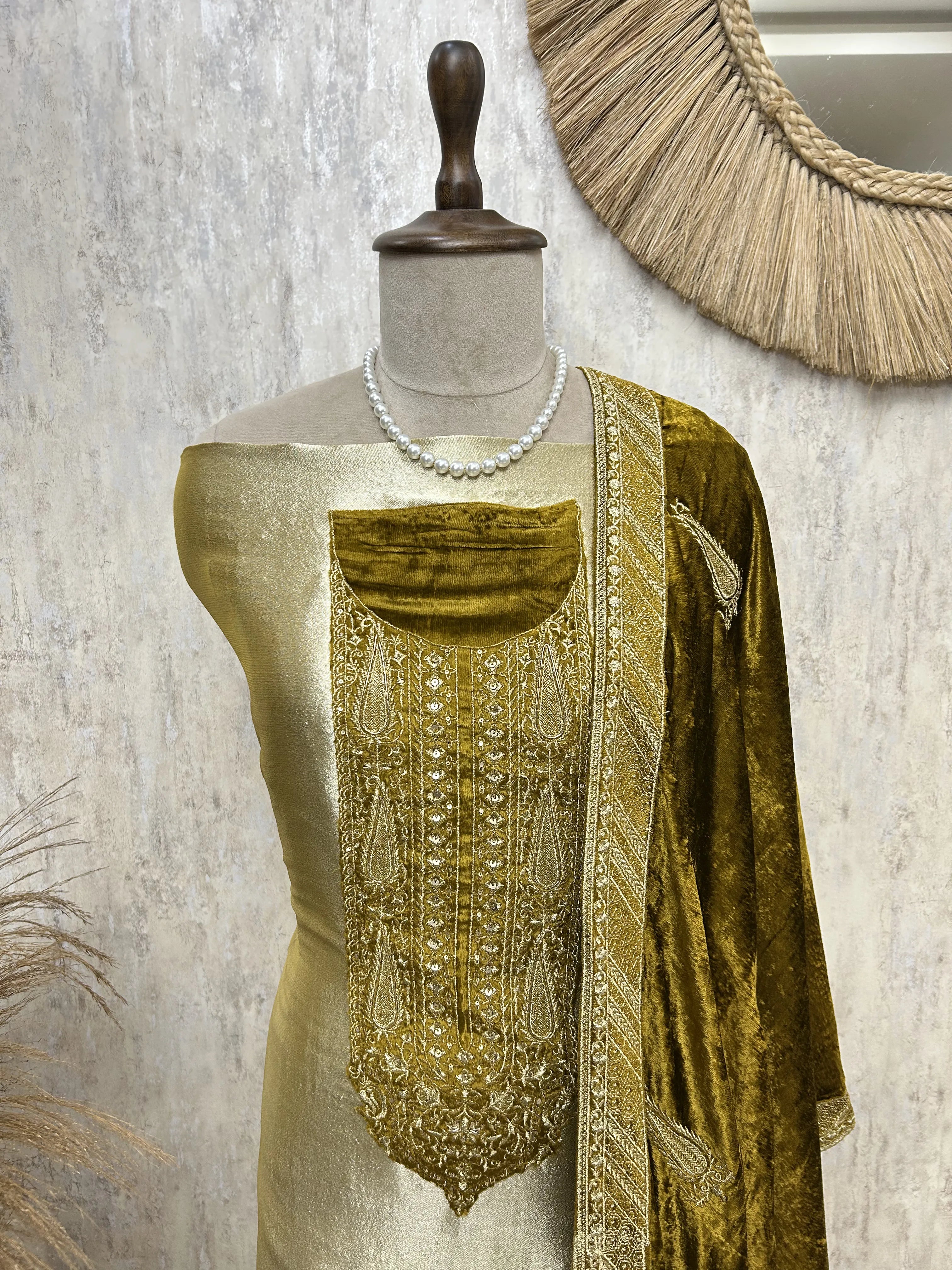 Brocade Banarasi Unstitched Suit Set With Velvet Dupatta