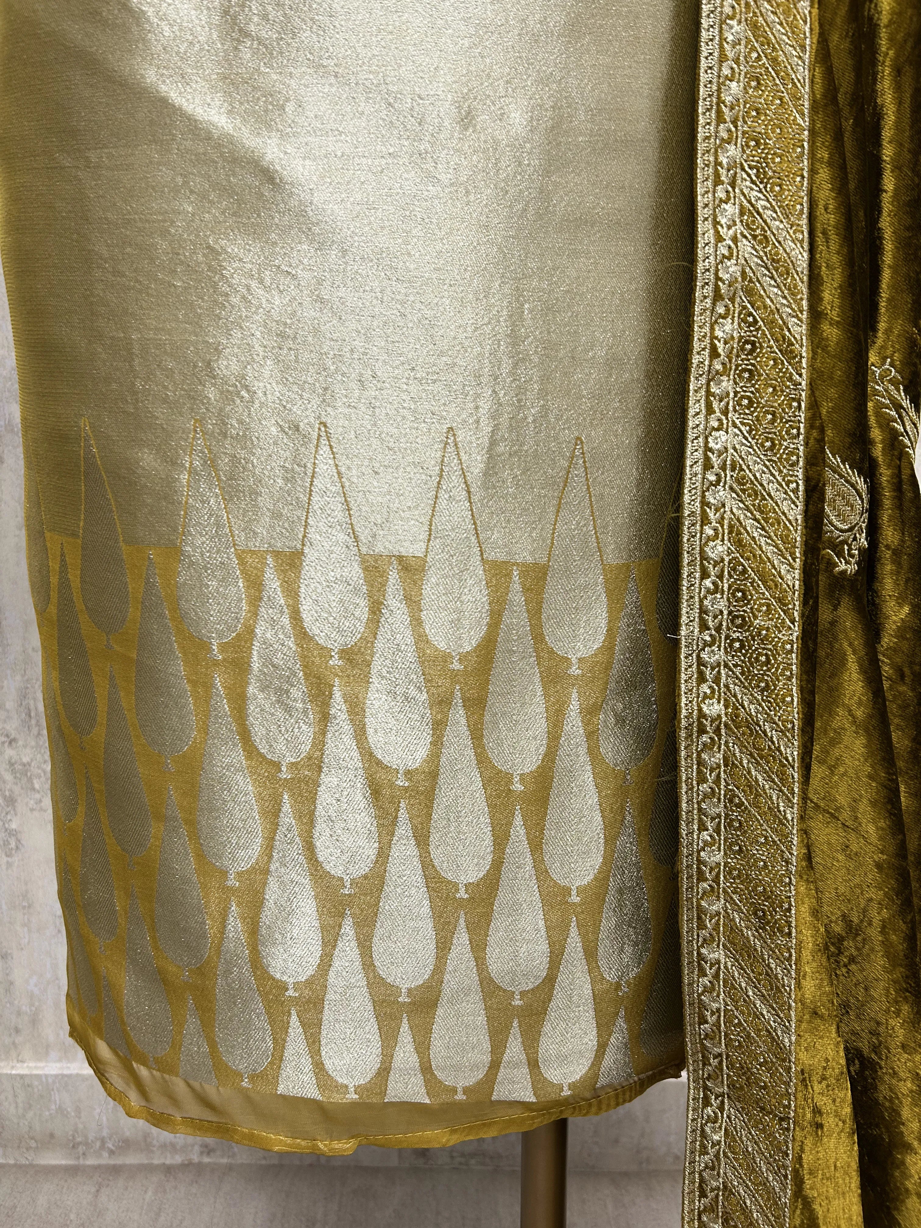 Brocade Banarasi Unstitched Suit Set With Velvet Dupatta