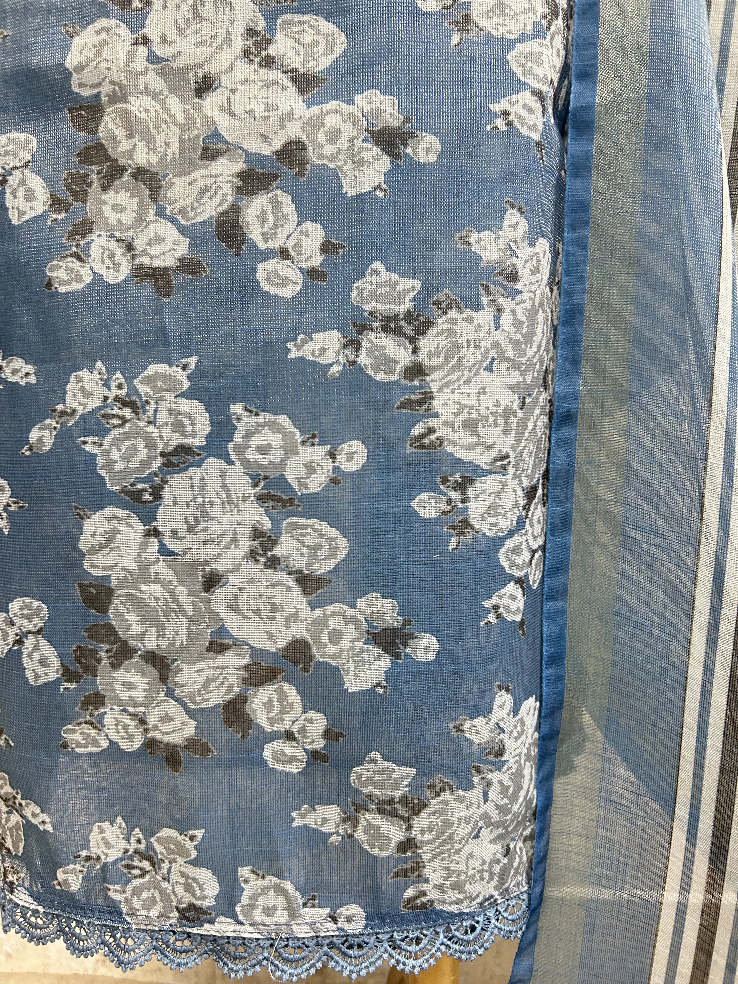 Floral Print Jamdani Linen Unstitched Suit Set