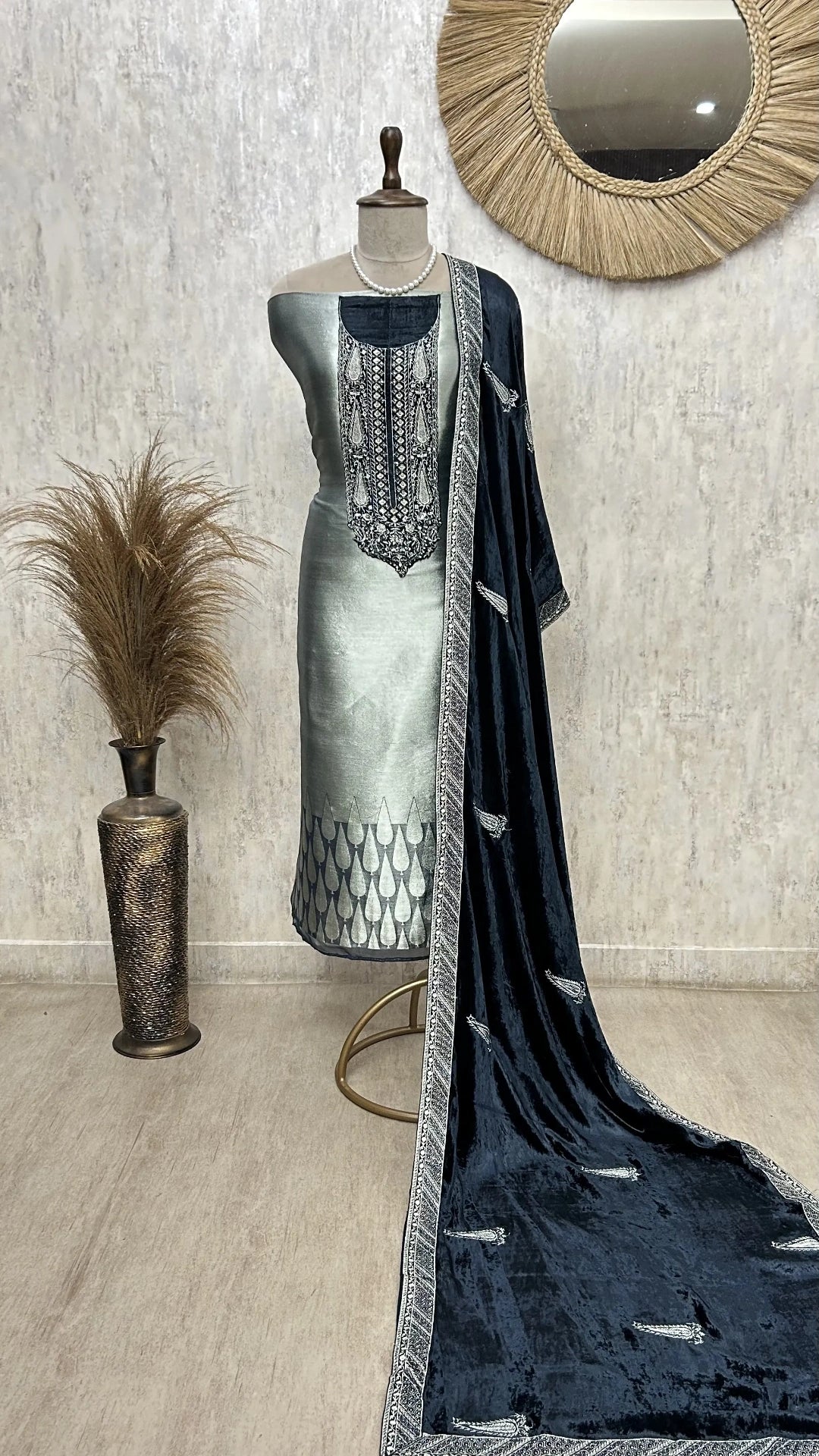 Brocade Banarasi Unstitched Suit Set With Velvet Dupatta