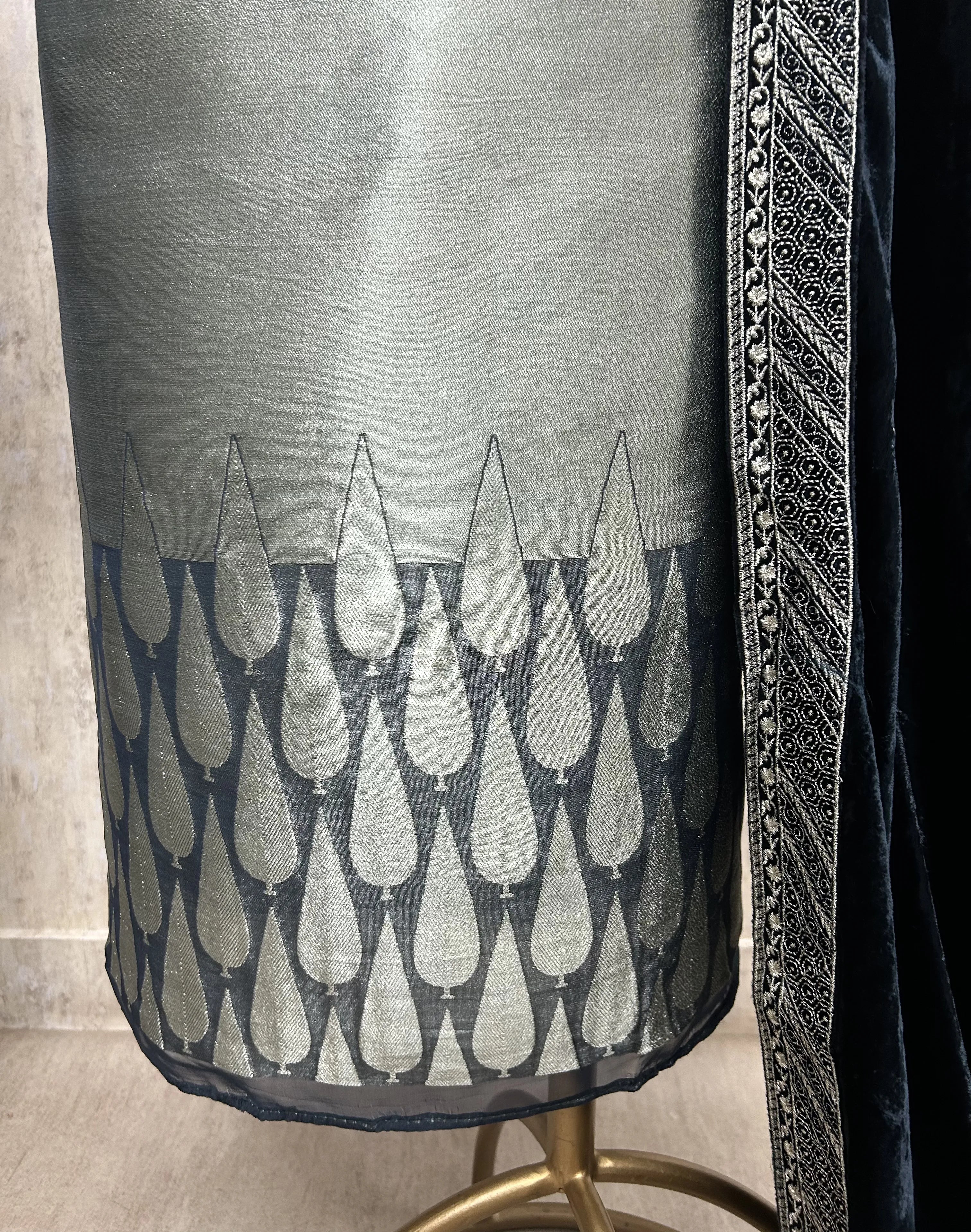 Brocade Banarasi Unstitched Suit Set With Velvet Dupatta