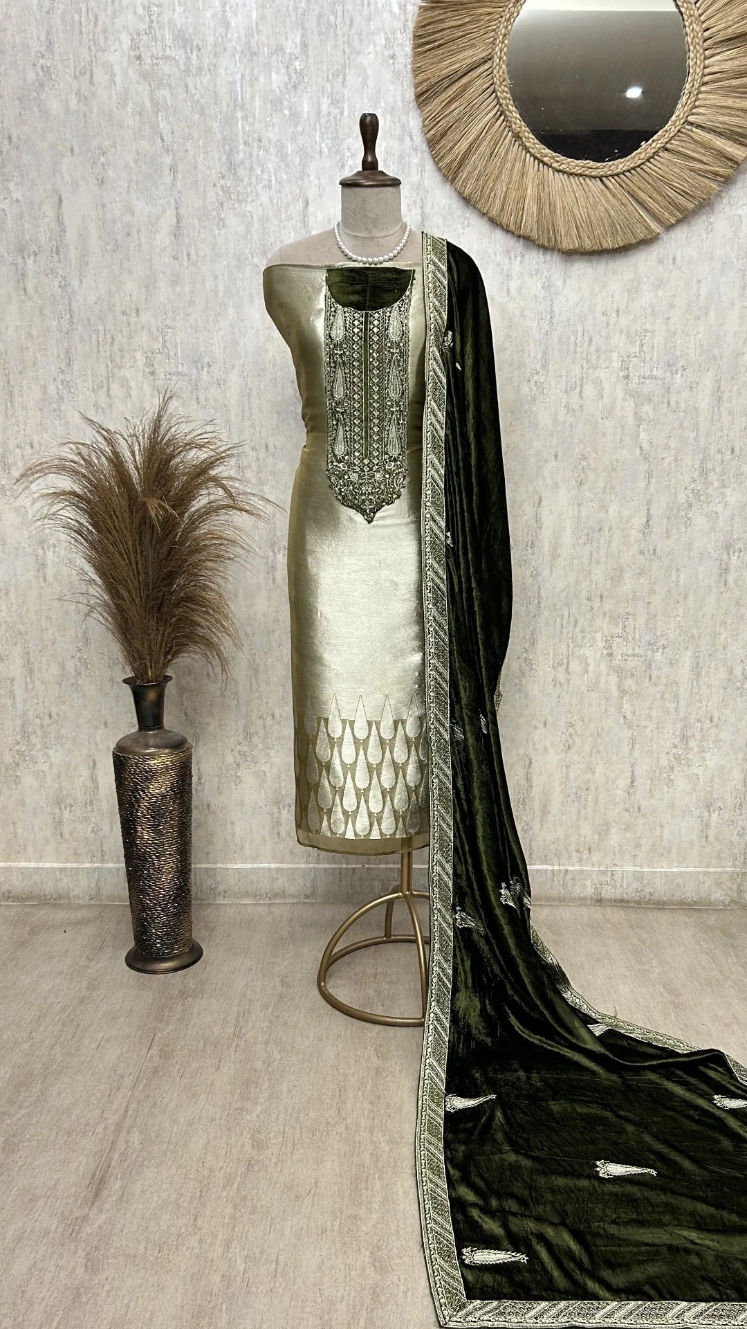 Brocade Banarasi Unstitched Suit Set With Velvet Dupatta