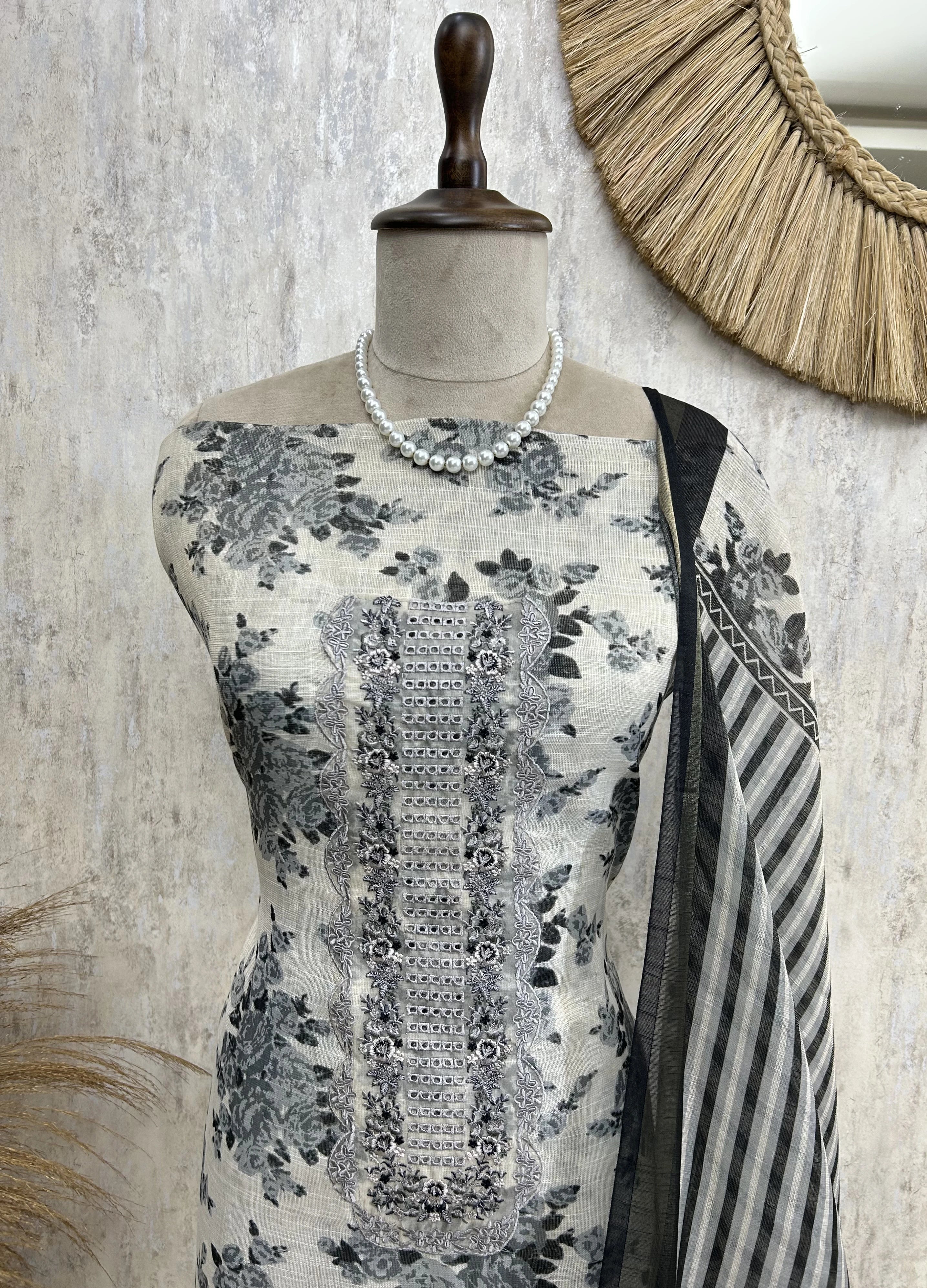 Floral Print Jamdani Linen Unstitched Suit Set