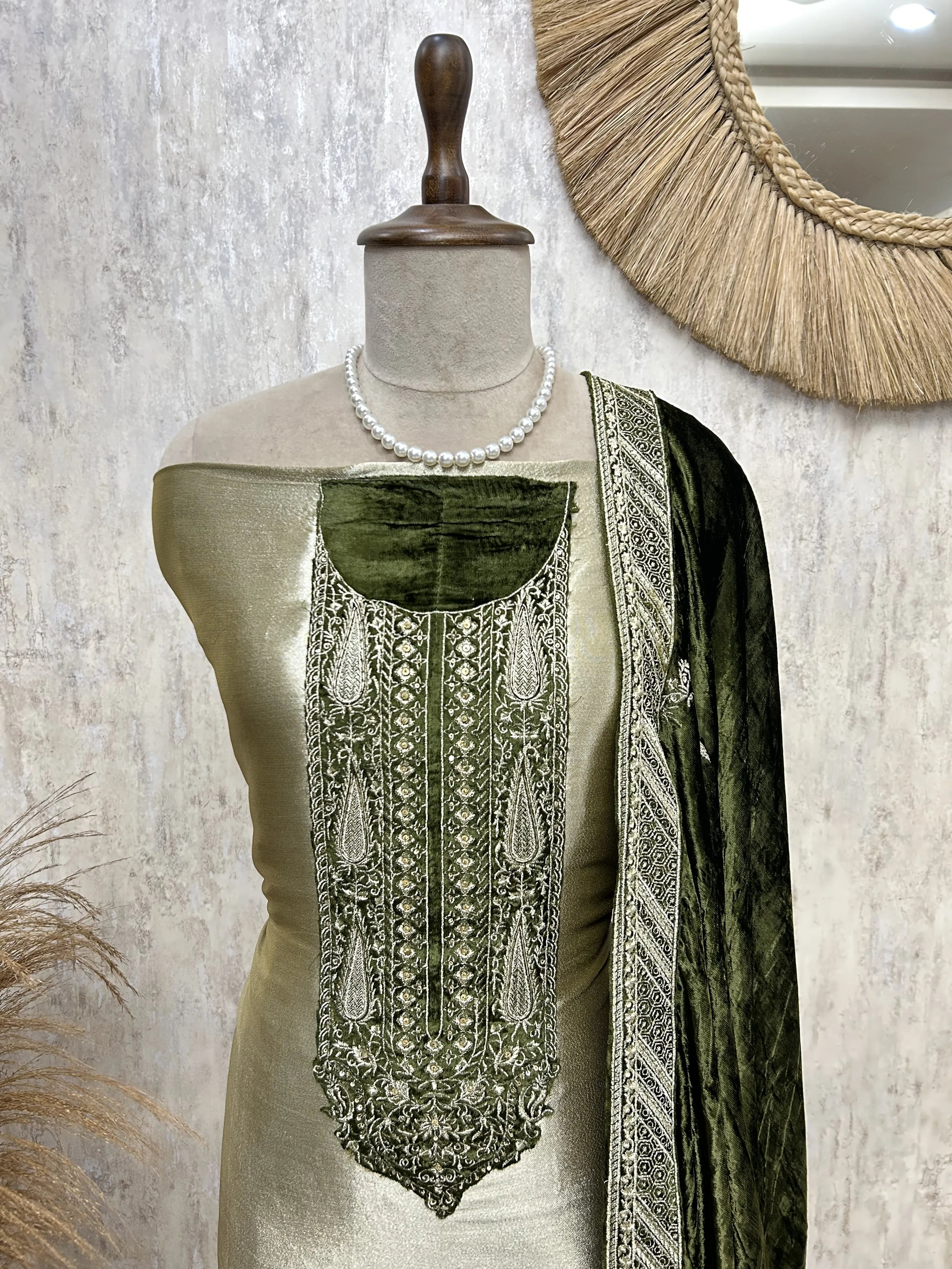 Brocade Banarasi Unstitched Suit Set With Velvet Dupatta