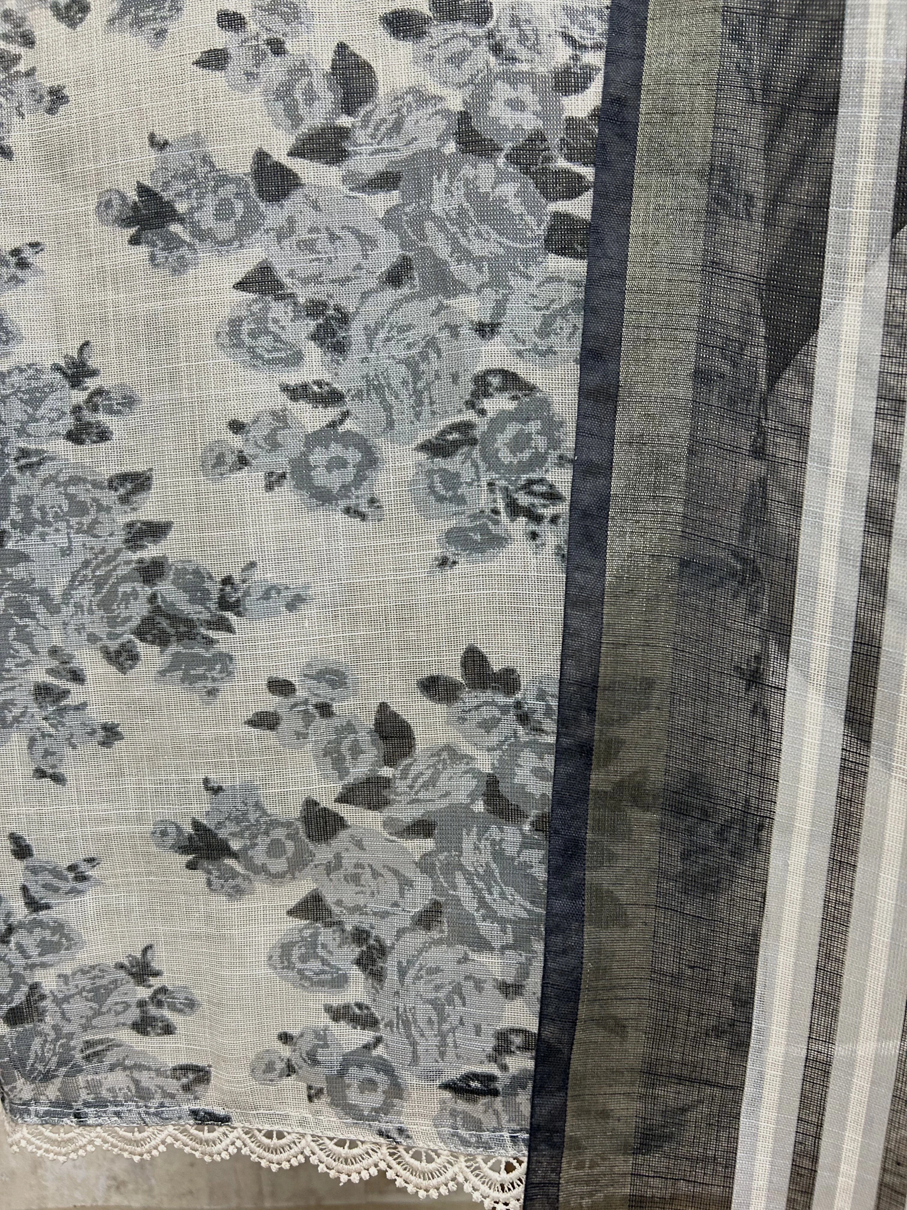 Floral Print Jamdani Linen Unstitched Suit Set