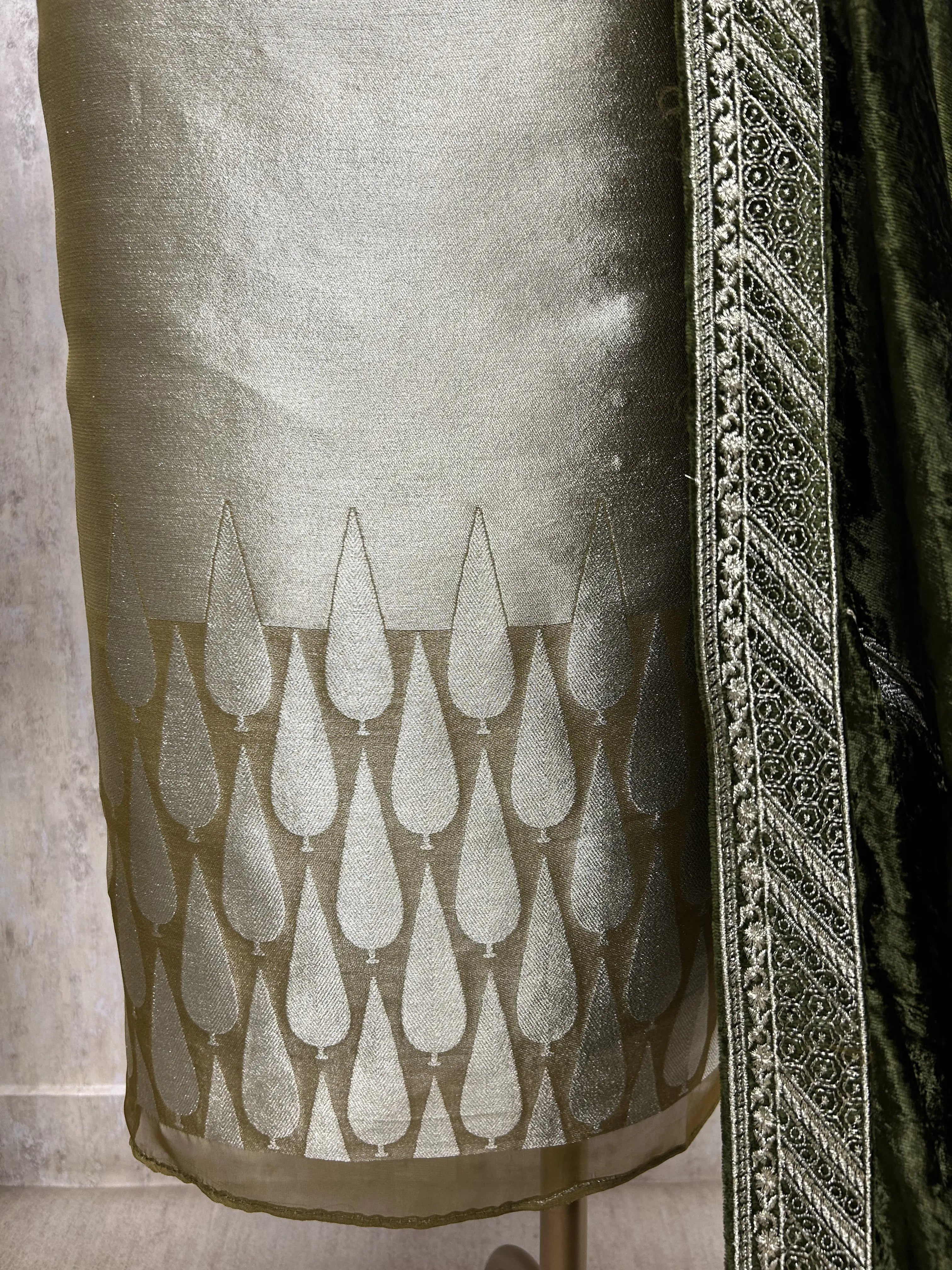 Brocade Banarasi Unstitched Suit Set With Velvet Dupatta