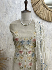 Floral Embroidery Jamdani Linen Unstitched Suit Set