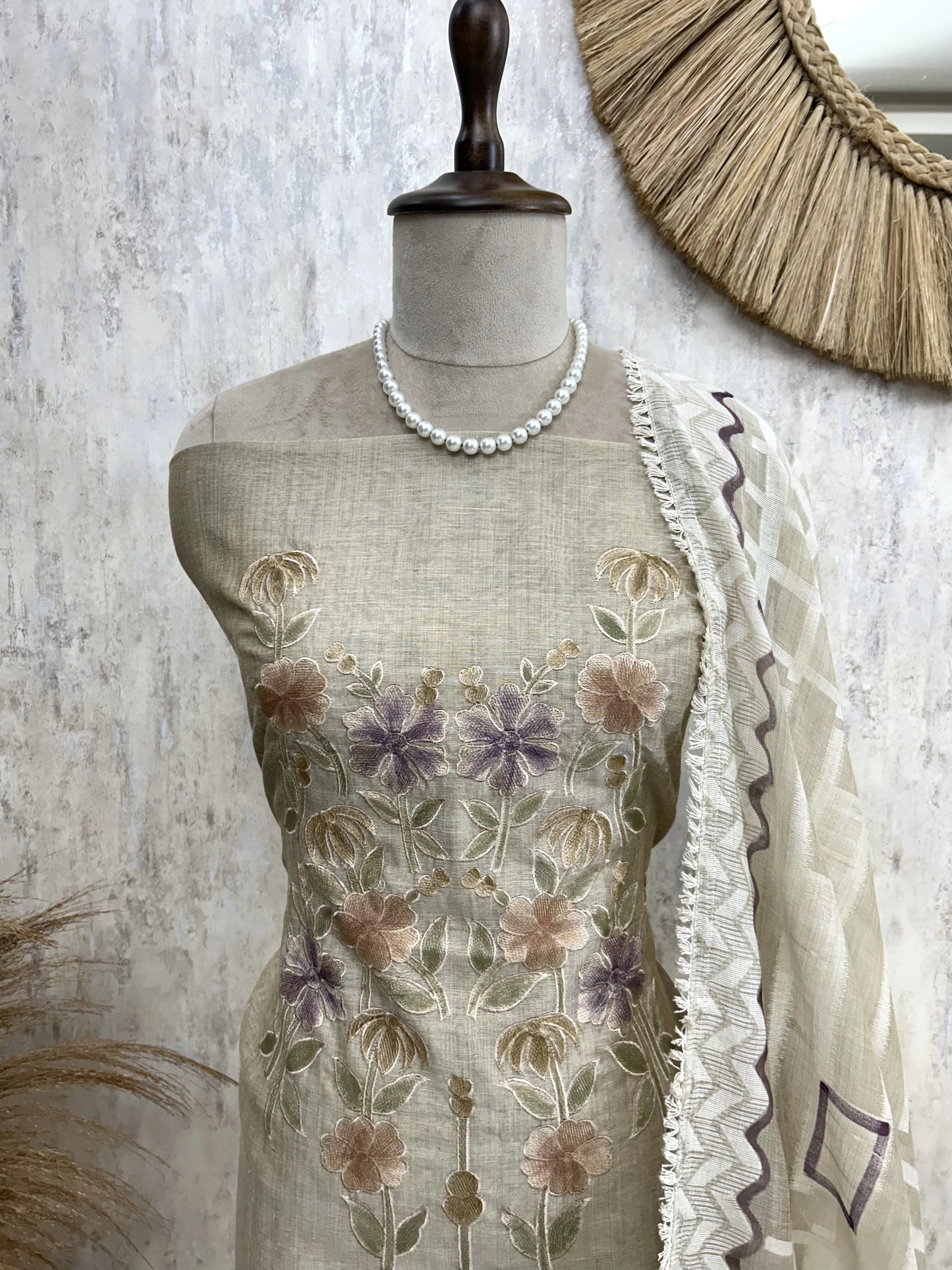 Floral Embroidery Jamdani Linen Unstitched Suit Set