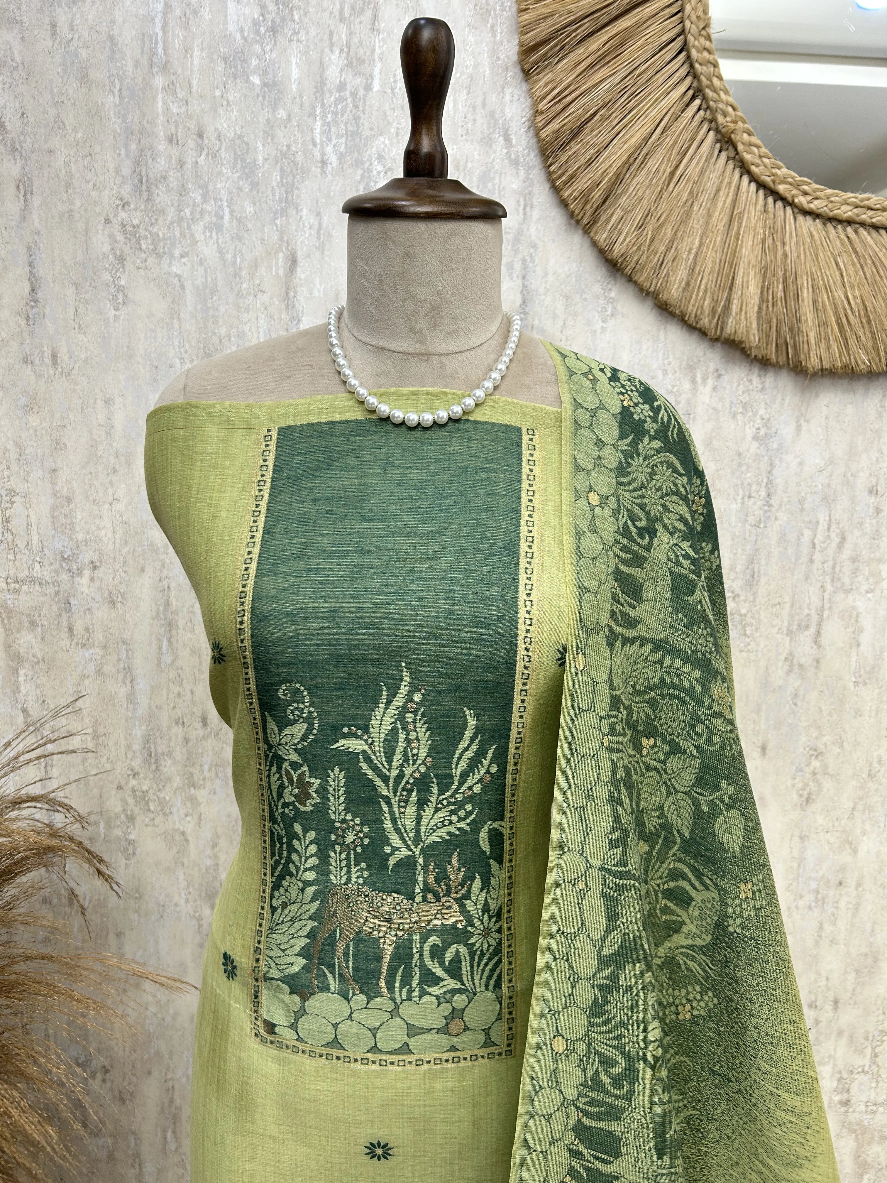 Jamdani Linen Unstitched Suit Set With Deer Motif