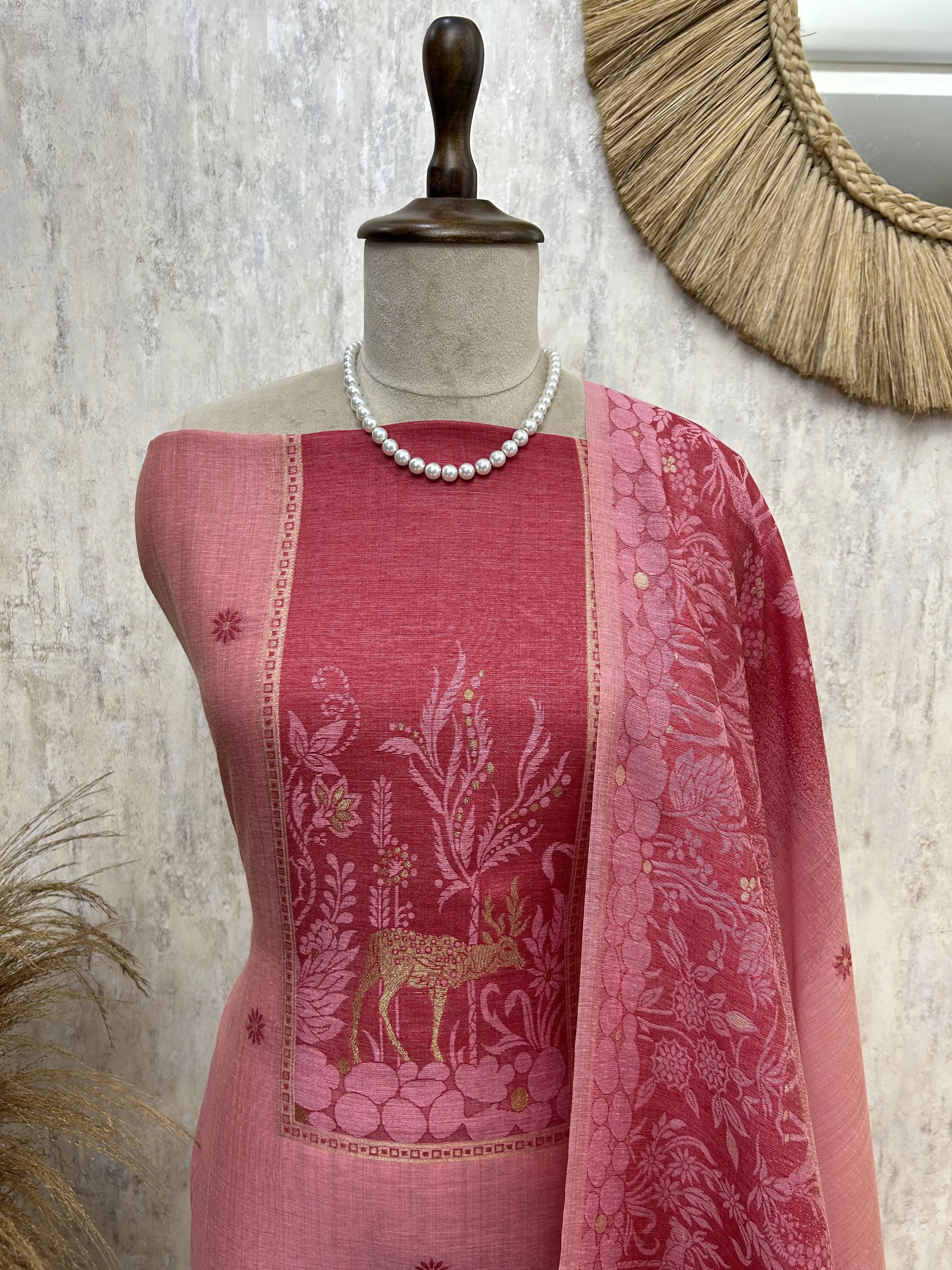 Jamdani Linen Unstitched Suit Set With Deer Motif